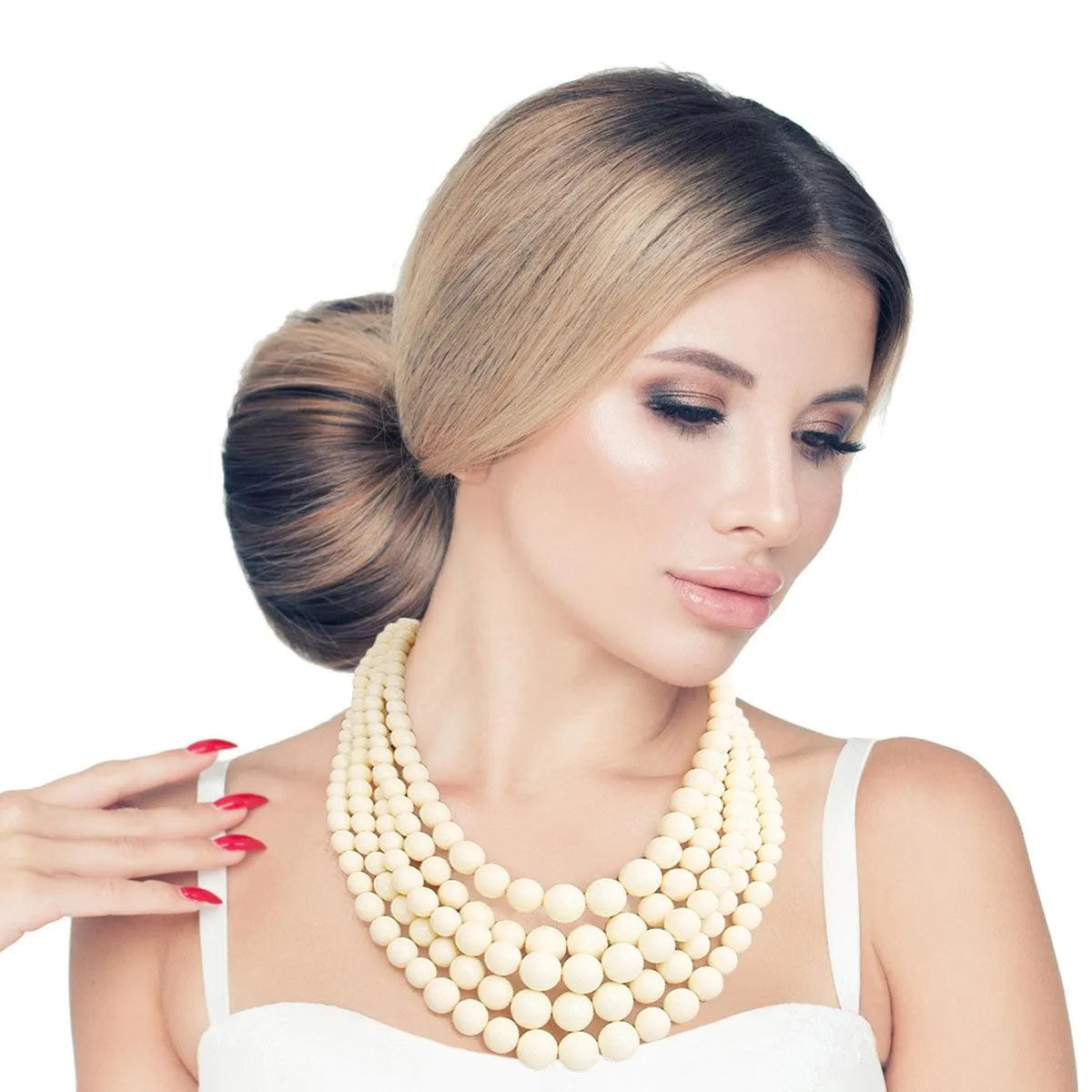 Get the Ultimate 5-Strand Ivory-color Beaded Necklace Set - Instantly Elevate Your Look! Pinktown