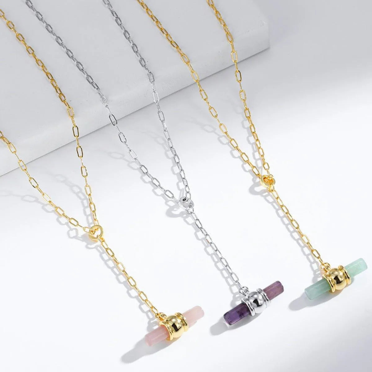 Gold-Plated Y-Shaped Inlaid Stone Pendants Necklace Jewelry Bubble