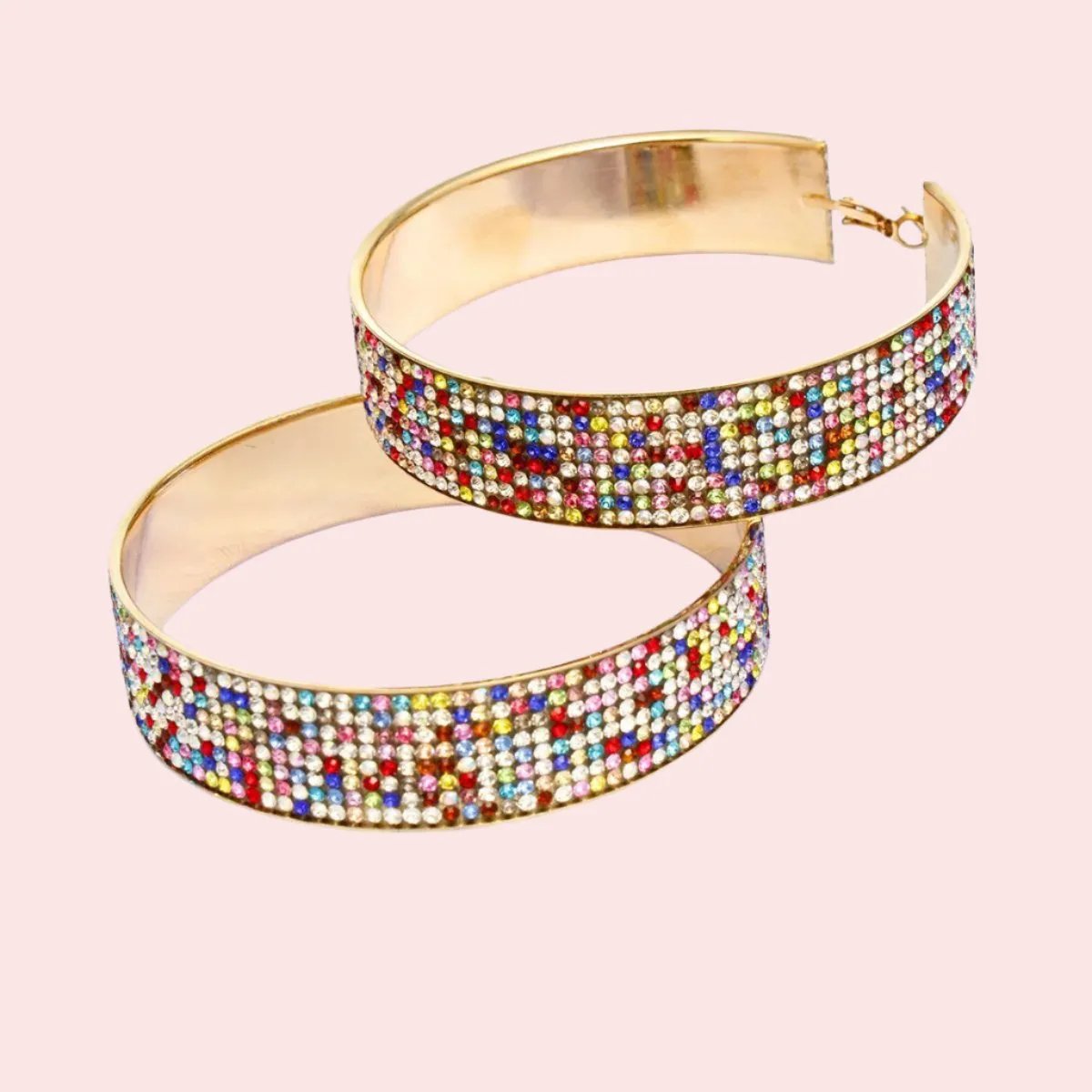 Gold-Tone Multicolor Rhinestone Wide Hoop Earrings