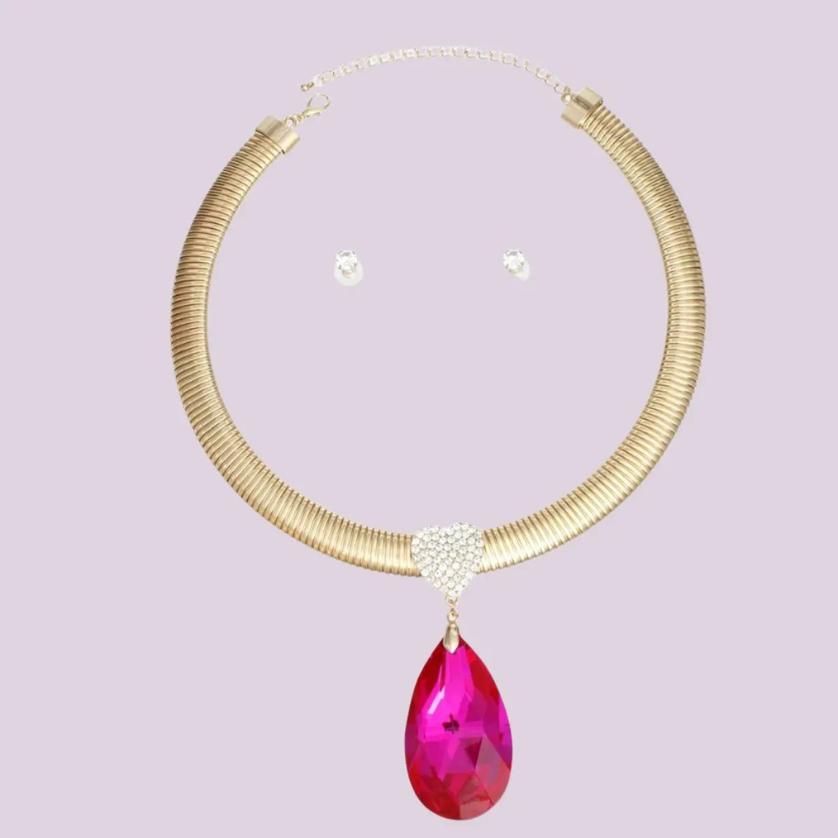 Gold-Tone Necklace Set with Fuchsia Teardrop Pendant
