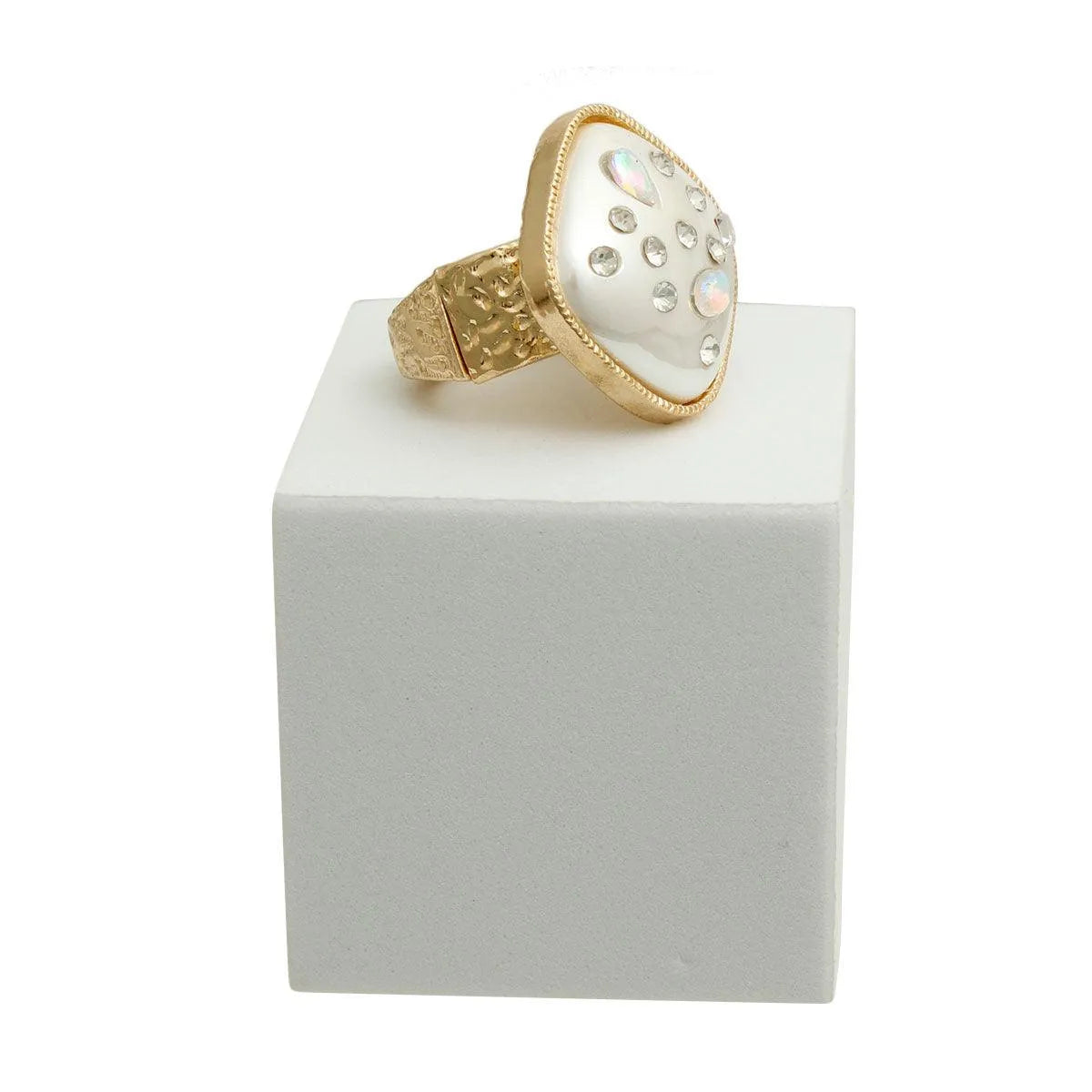 Gold Tone, Resin Pearl & Rhinestone Square Ring Pinktown