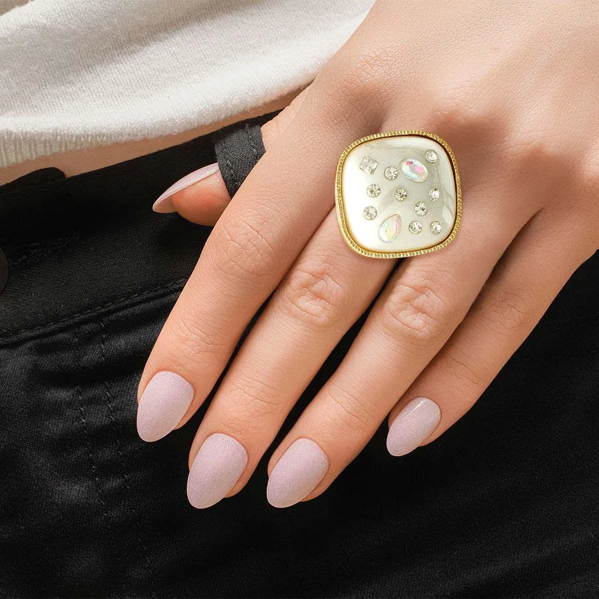 Gold Tone, Resin Pearl & Rhinestone Square Ring Pinktown