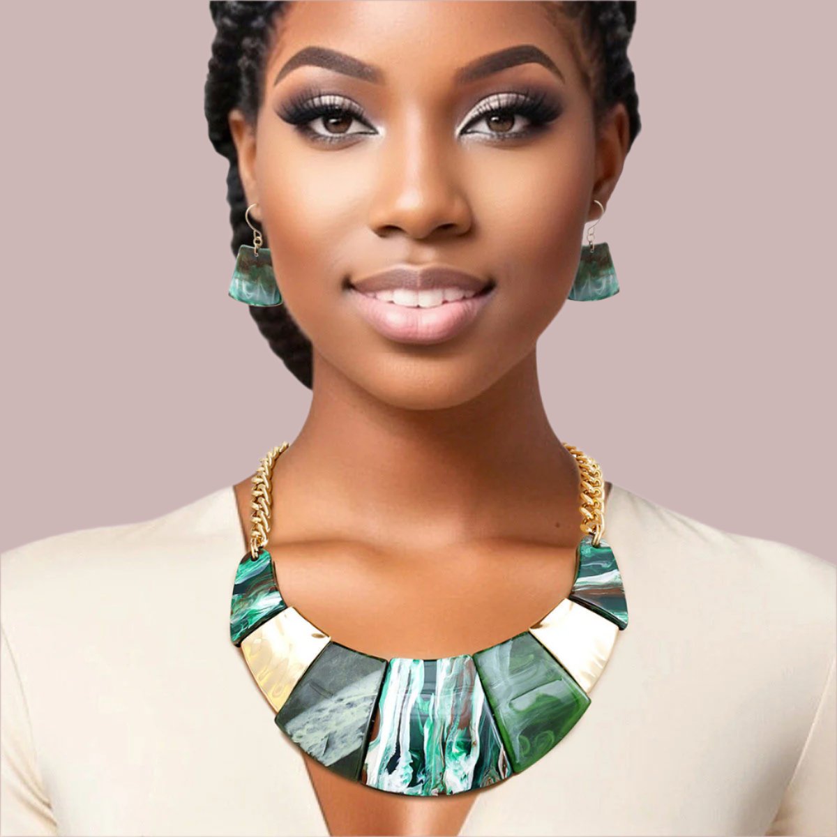 Graduated Marbled Green and White Acrylic Bib Necklace Set Pinktown