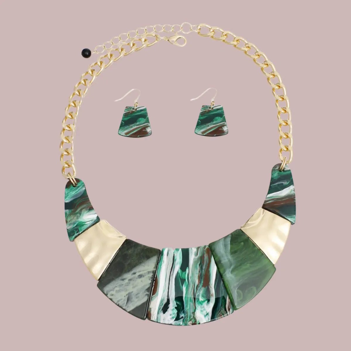 Graduated Marbled Green and White Acrylic Bib Necklace Set