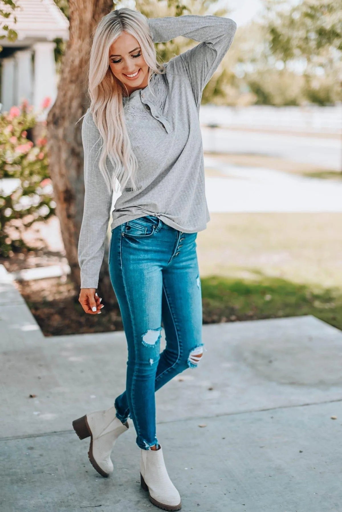 Gray Lace Patchwork Buttoned Long Sleeve Top Jewelry Bubble