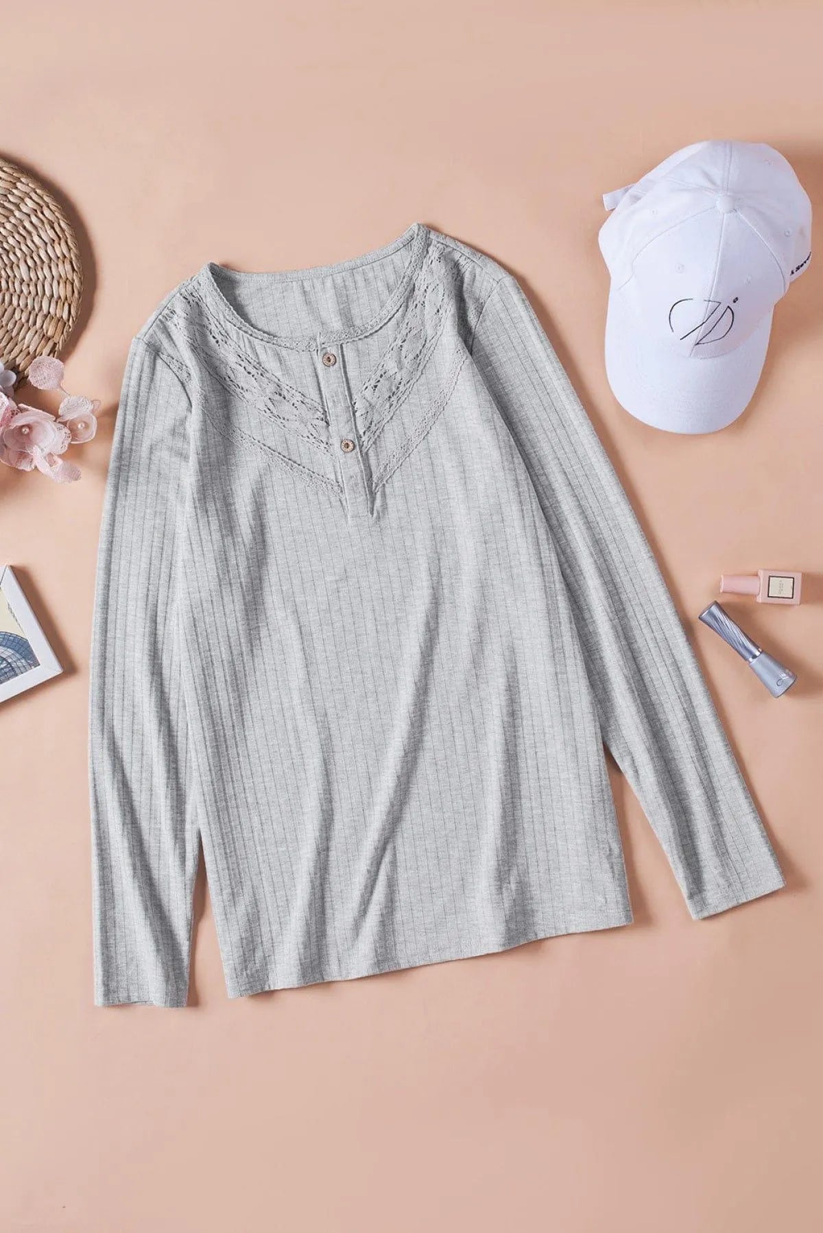 Gray Lace Patchwork Buttoned Long Sleeve Top Jewelry Bubble