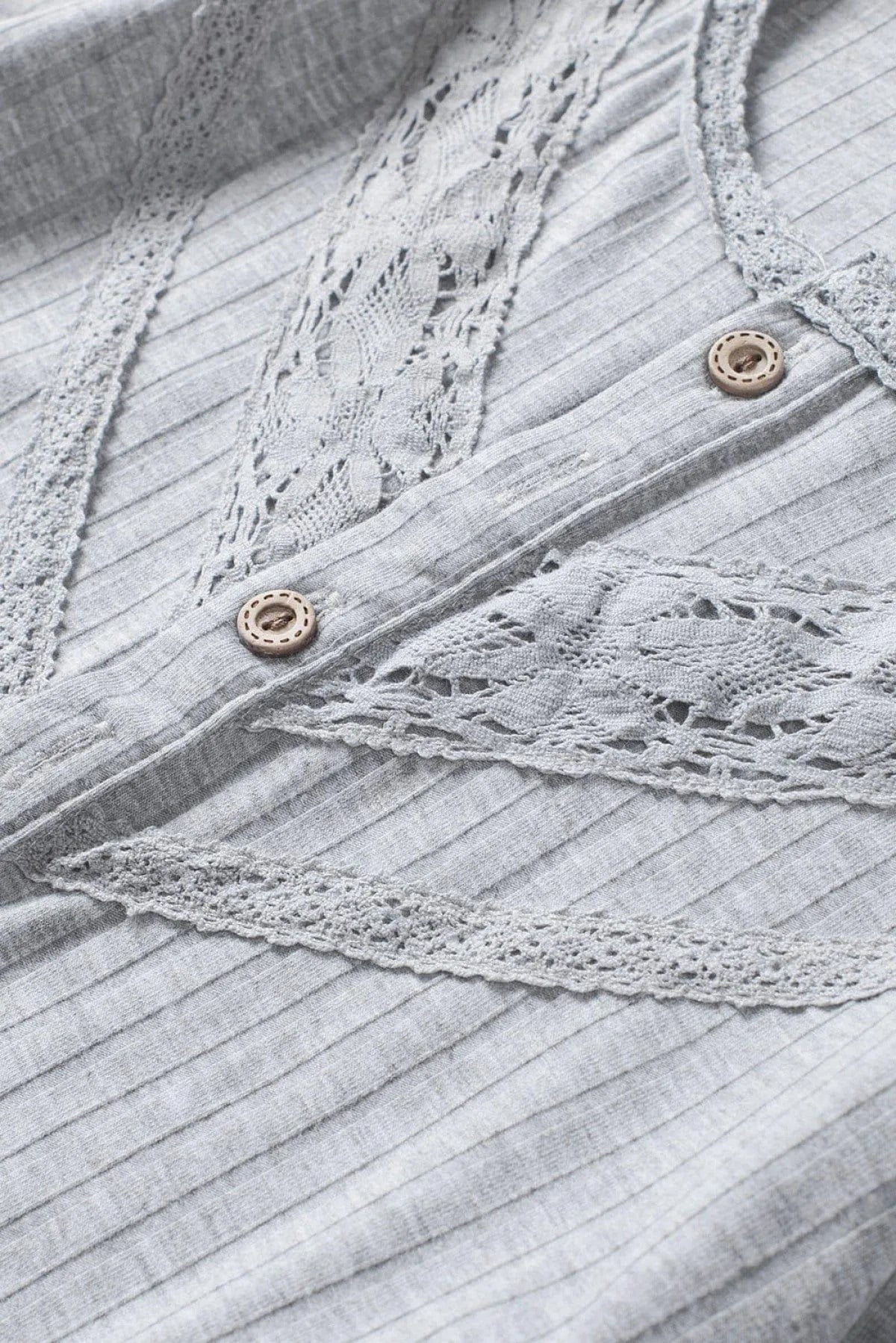 Gray Lace Patchwork Buttoned Long Sleeve Top Jewelry Bubble