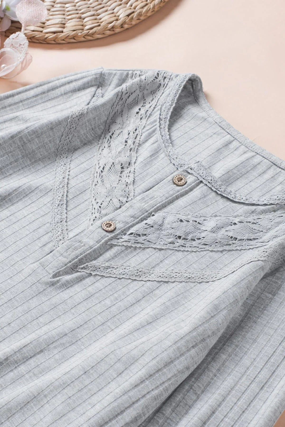 Gray Lace Patchwork Buttoned Long Sleeve Top Jewelry Bubble