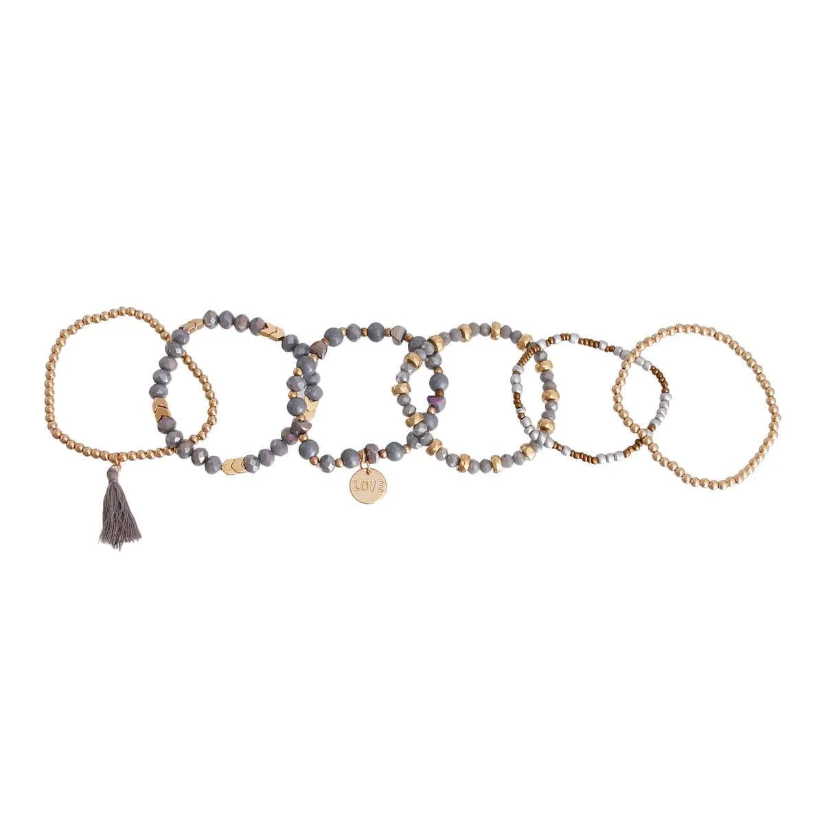 Gray Stretch Bracelet Set Tassel Love Charm Pinktown