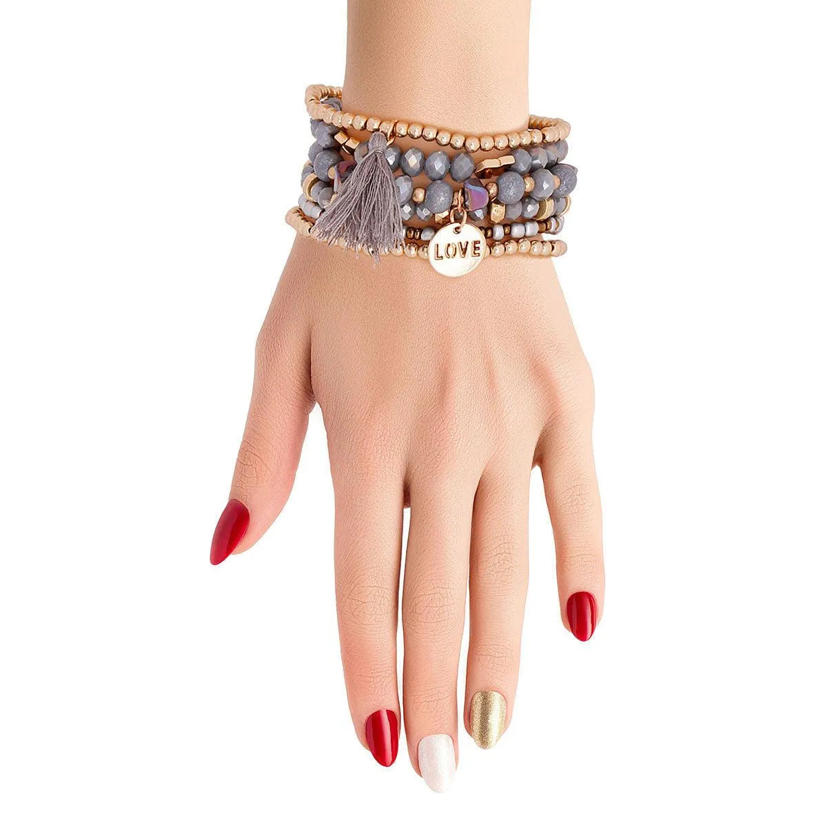 Gray Stretch Bracelet Set Tassel Love Charm Pinktown