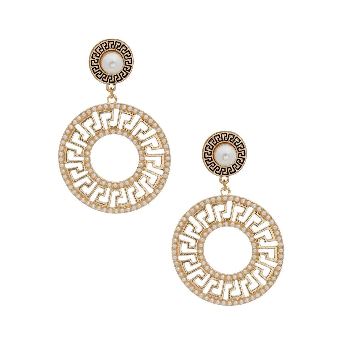 Greek Key Round Gold Tone Pearl Bead Drop Earrings Pinktown