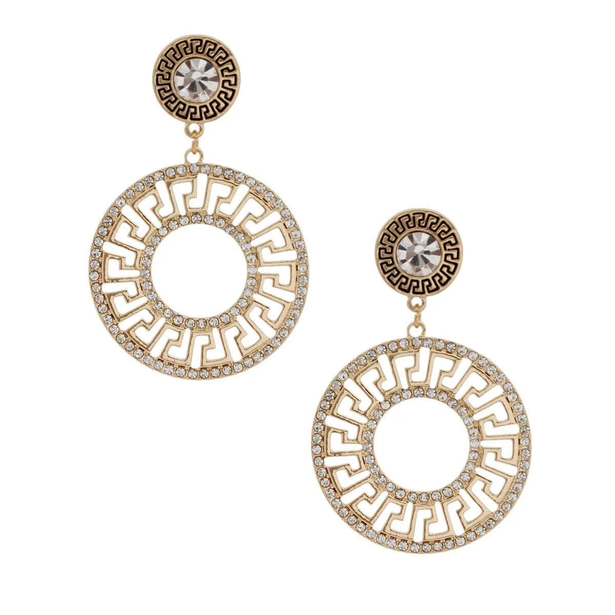 Greek Key Round Gold Tone Sparkle Drop Earrings Pinktown