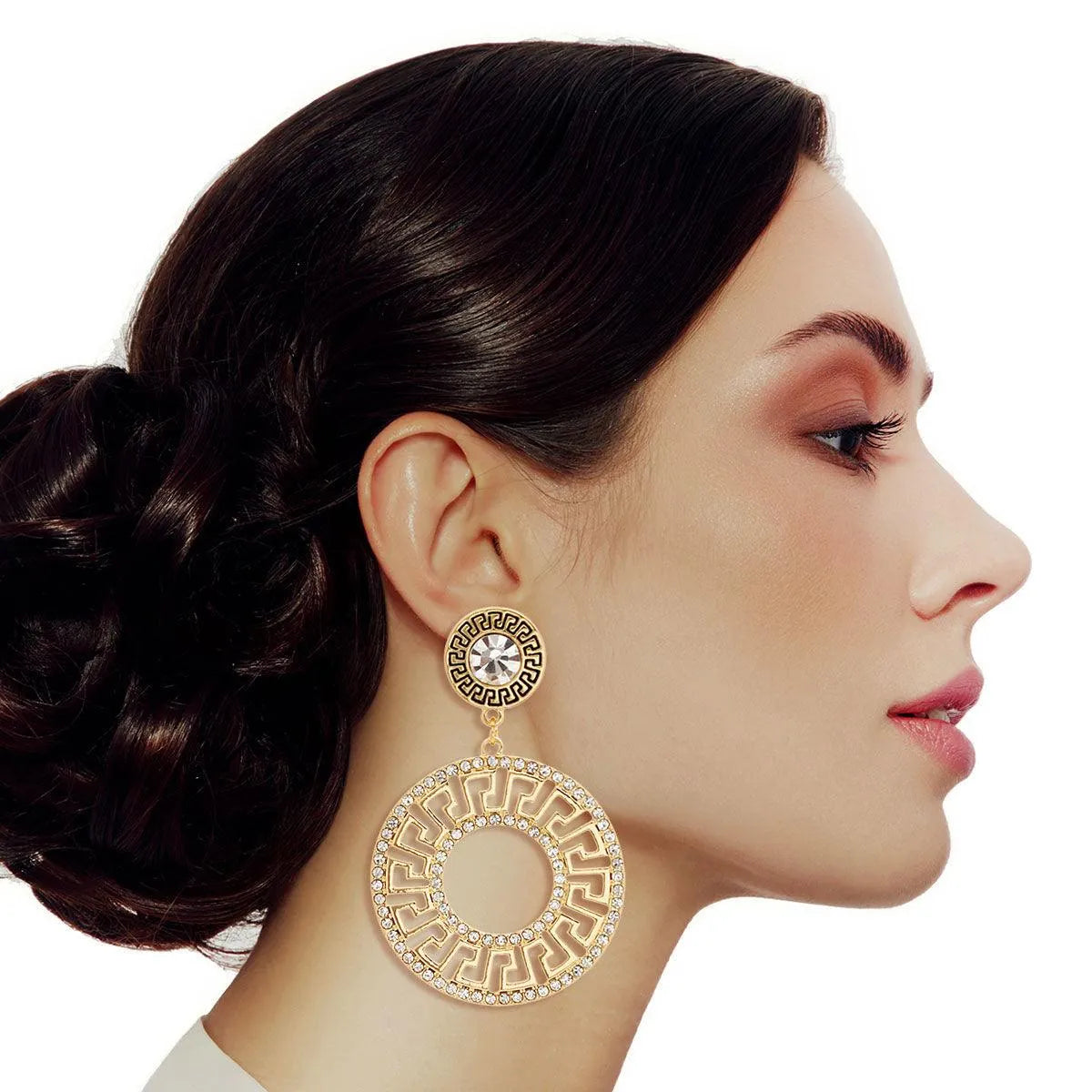 Greek Key Round Gold Tone Sparkle Drop Earrings Pinktown