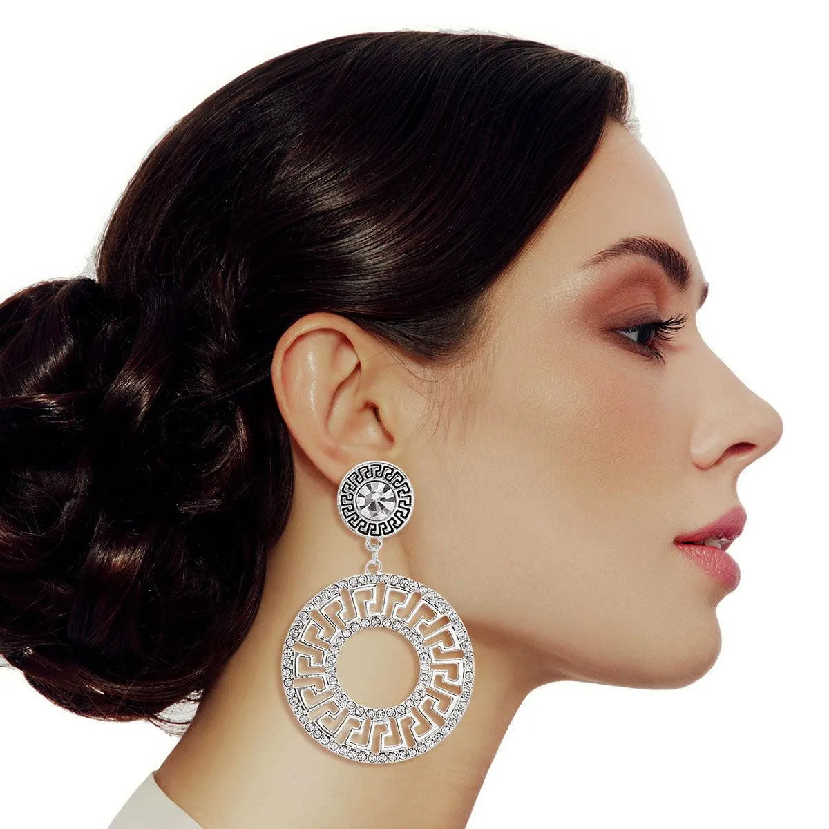 Greek Key Round Silver Tone Sparkle Drop Earrings Pinktown