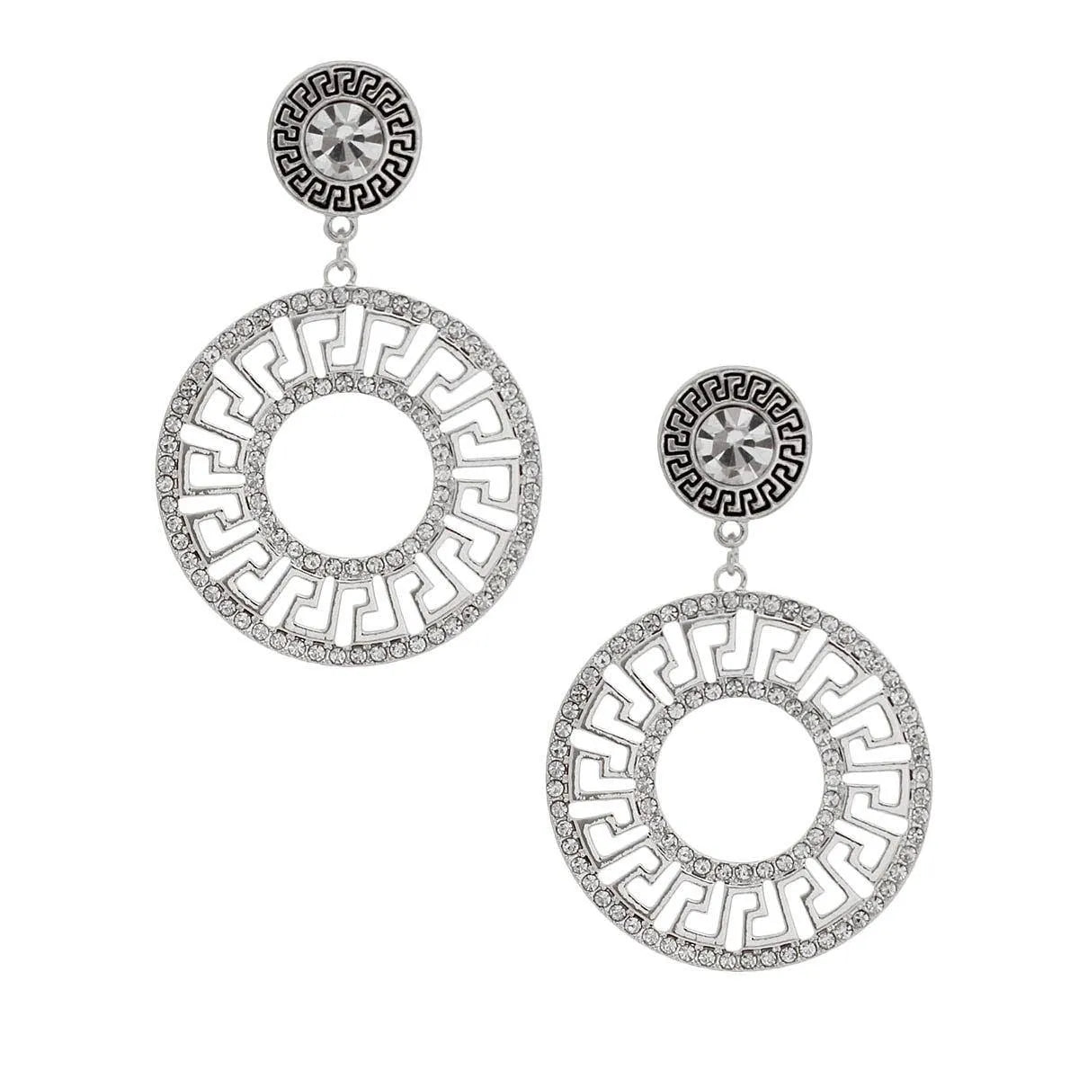 Greek Key Round Silver Tone Sparkle Drop Earrings Pinktown
