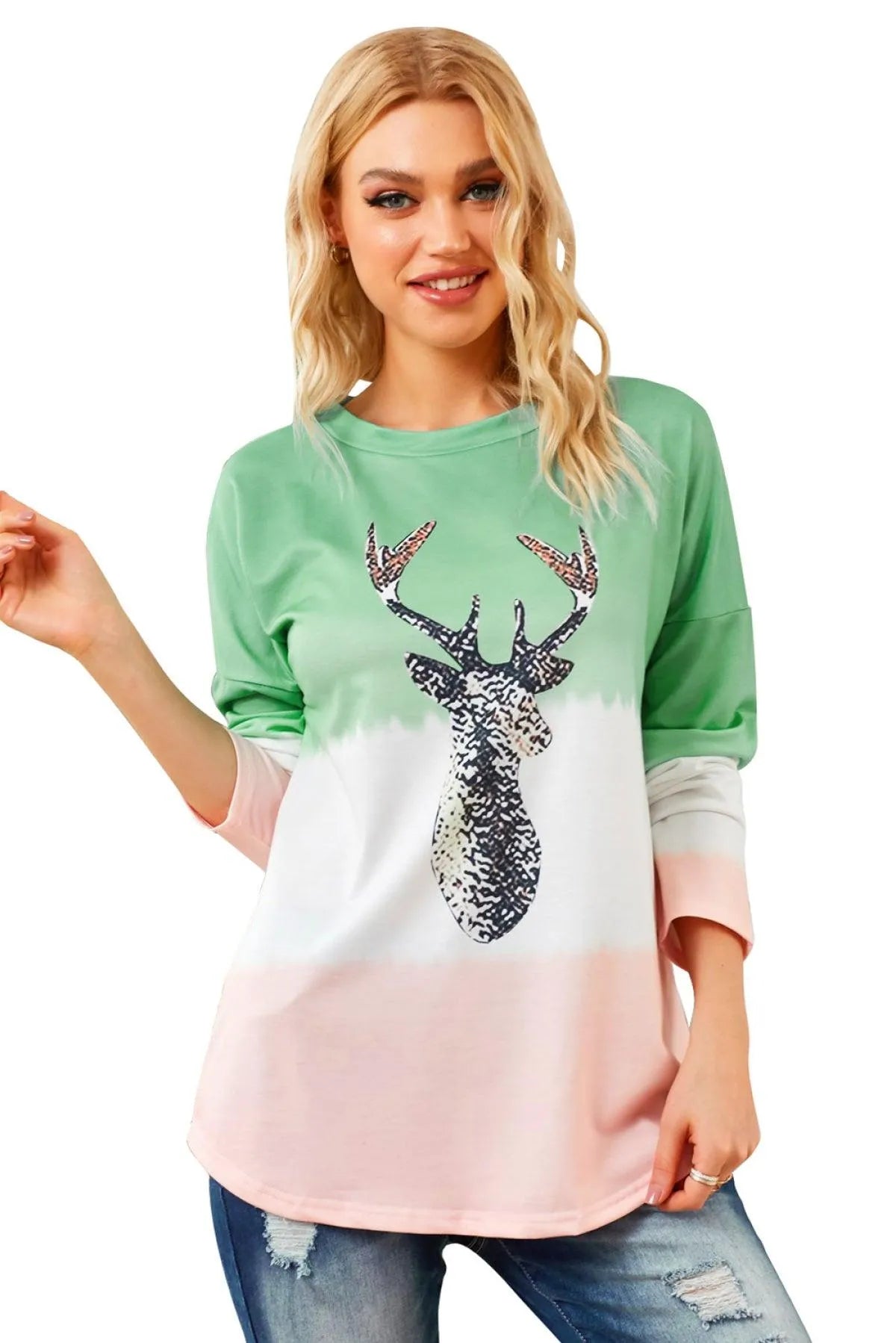 Green Reindeer Print Gradient Colorblock Sweatshirt Jewelry Bubble