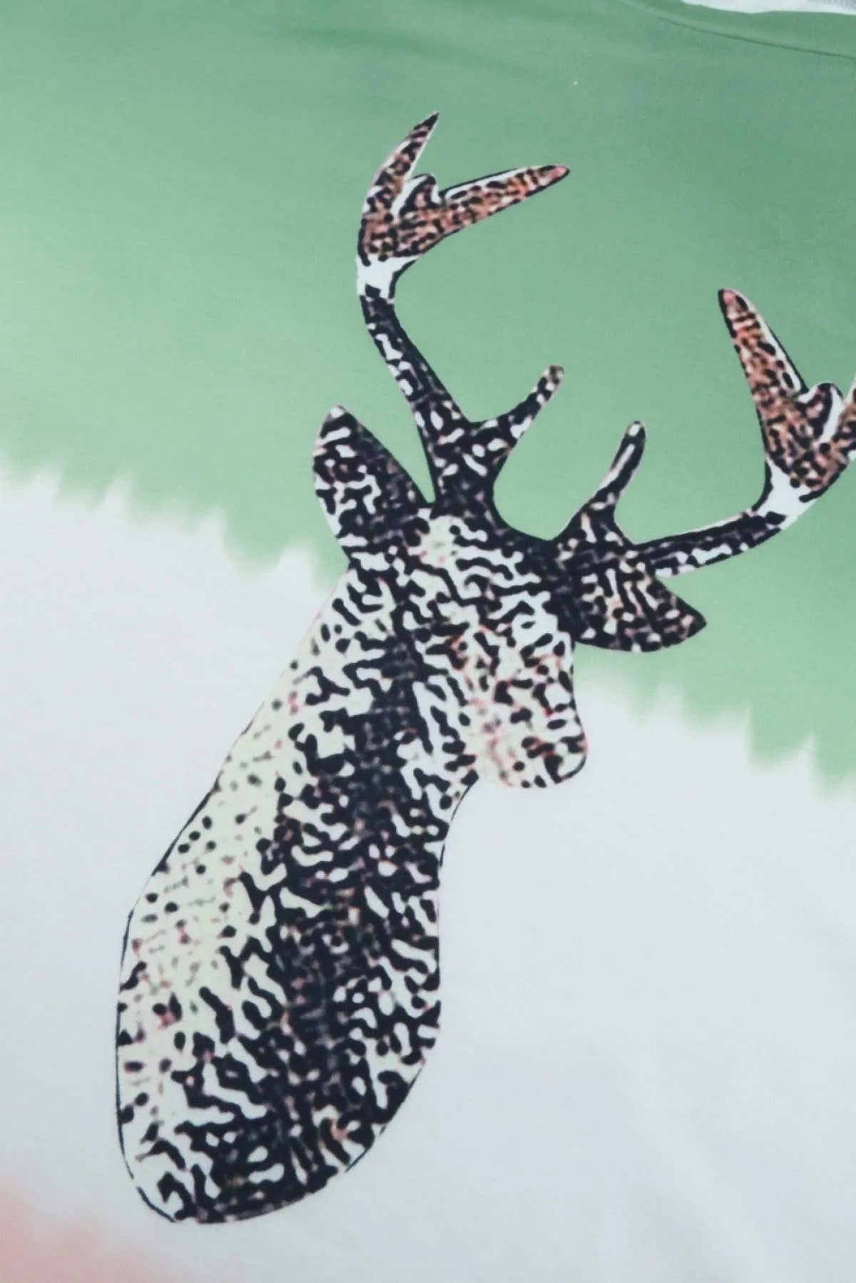Green Reindeer Print Gradient Colorblock Sweatshirt Jewelry Bubble