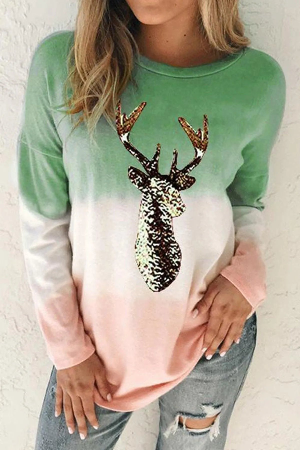 Green Reindeer Print Gradient Colorblock Sweatshirt Jewelry Bubble