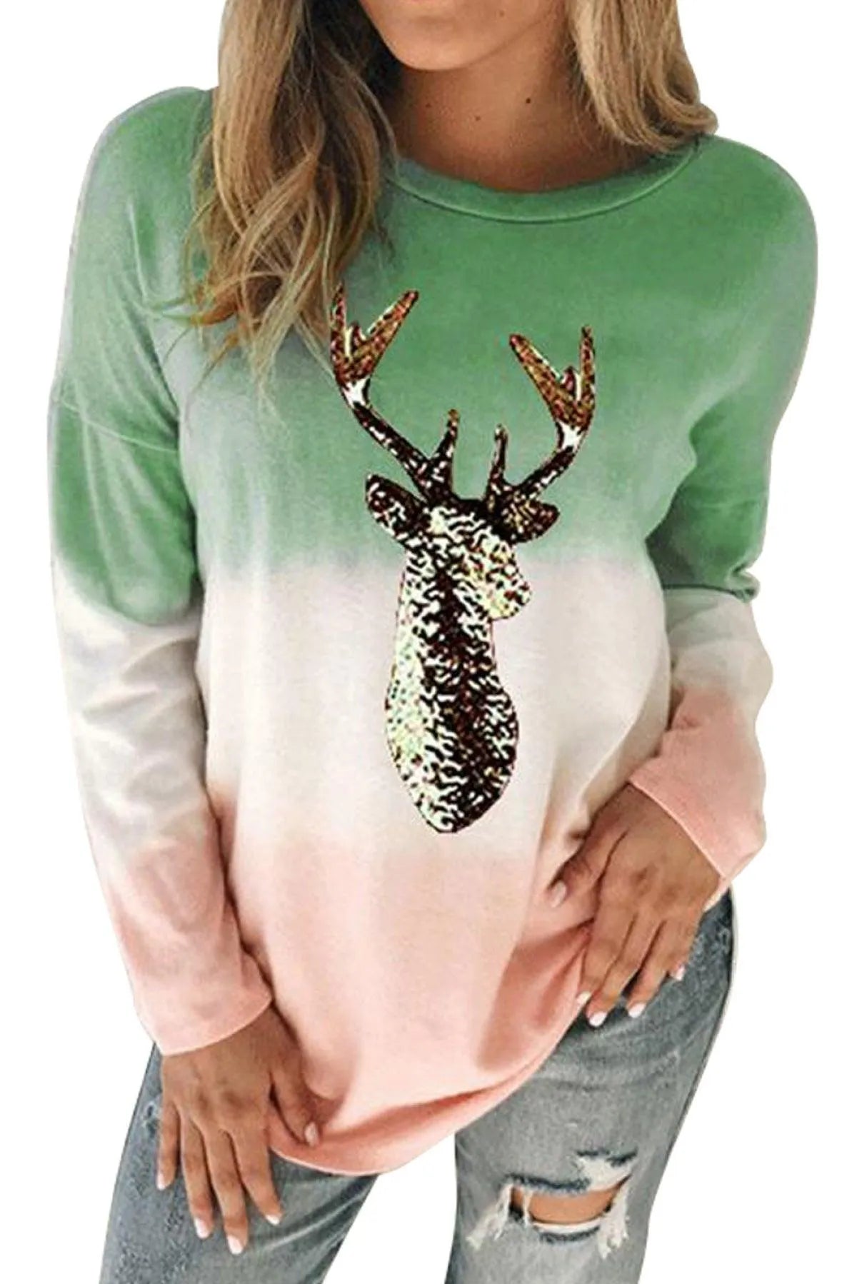 Green Reindeer Print Gradient Colorblock Sweatshirt Jewelry Bubble