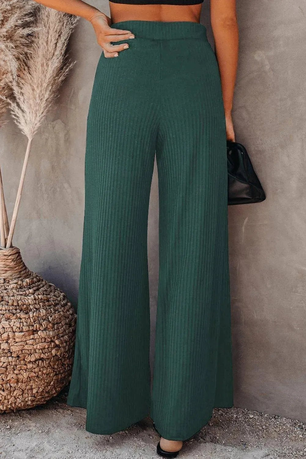 Green Ribbed Knit High Rise Wide Leg Pants