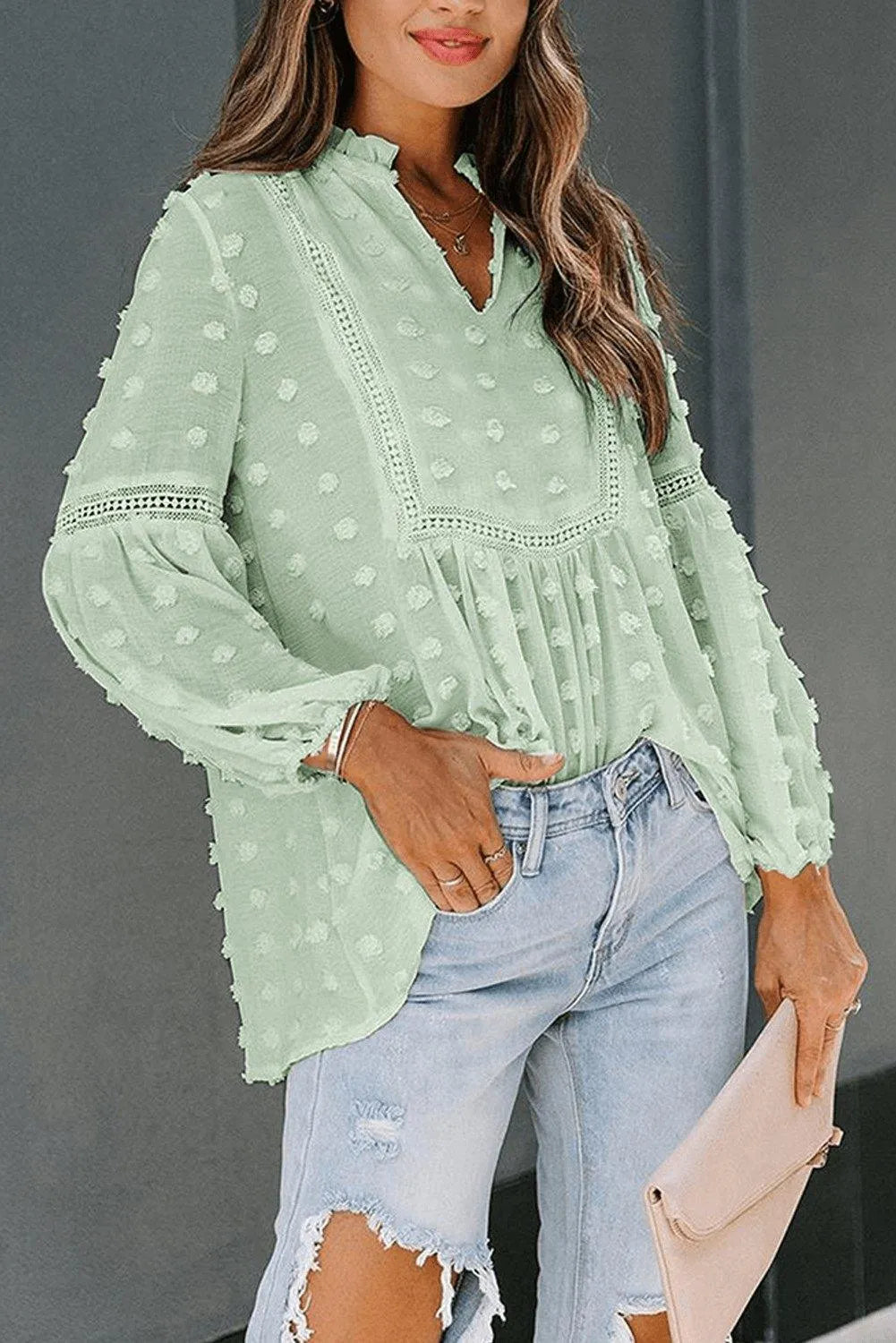 Green Swiss Dot Split Neck Ruffle Babydoll Blouse Jewelry Bubble