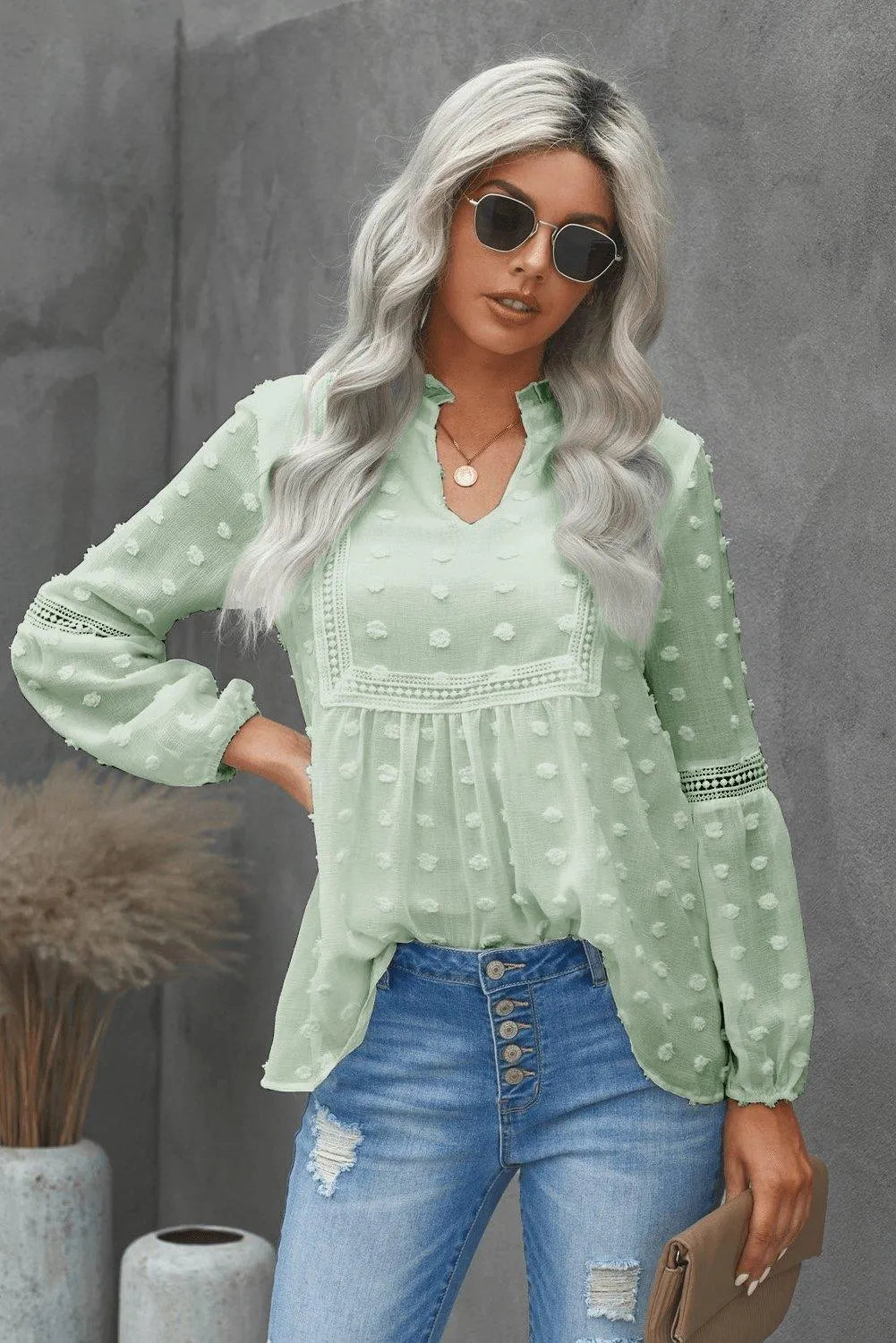 Green Swiss Dot Split Neck Ruffle Babydoll Blouse Jewelry Bubble