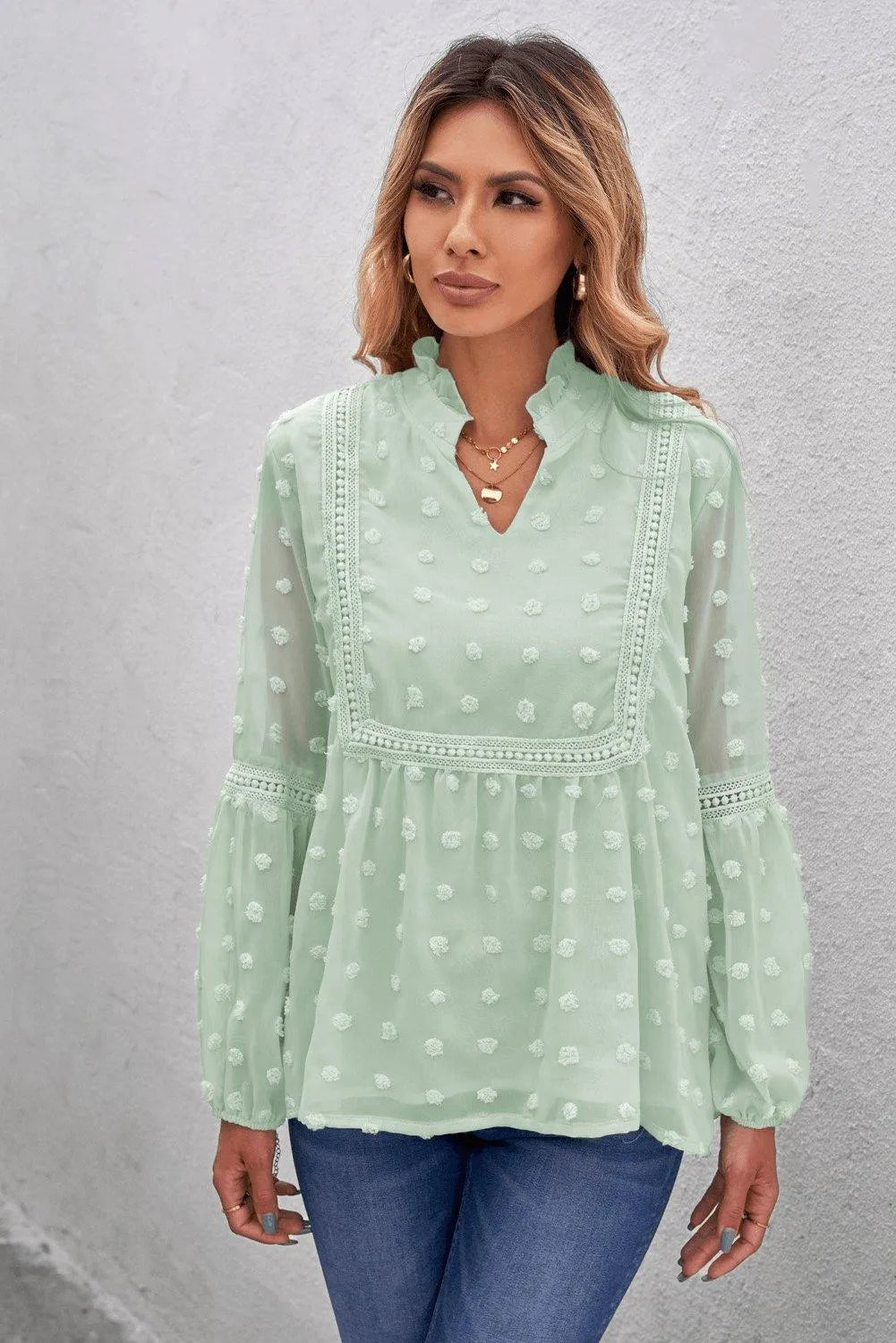 Green Swiss Dot Split Neck Ruffle Babydoll Blouse Jewelry Bubble