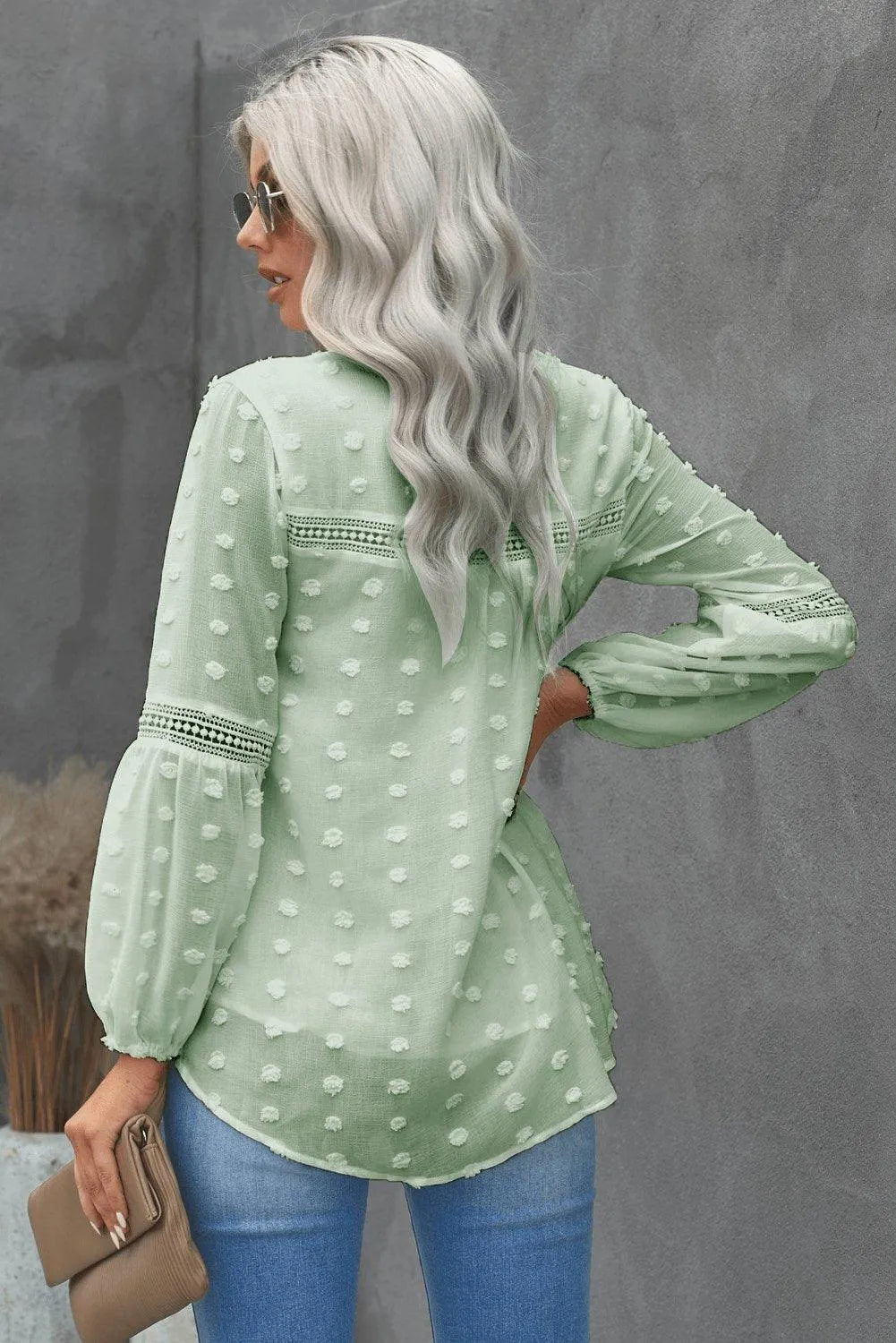 Green Swiss Dot Split Neck Ruffle Babydoll Blouse Jewelry Bubble