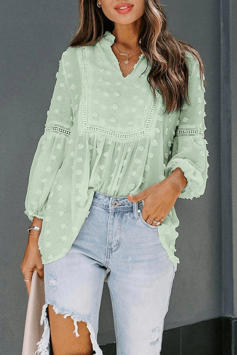 Green Swiss Dot Split Neck Ruffle Babydoll Blouse Jewelry Bubble
