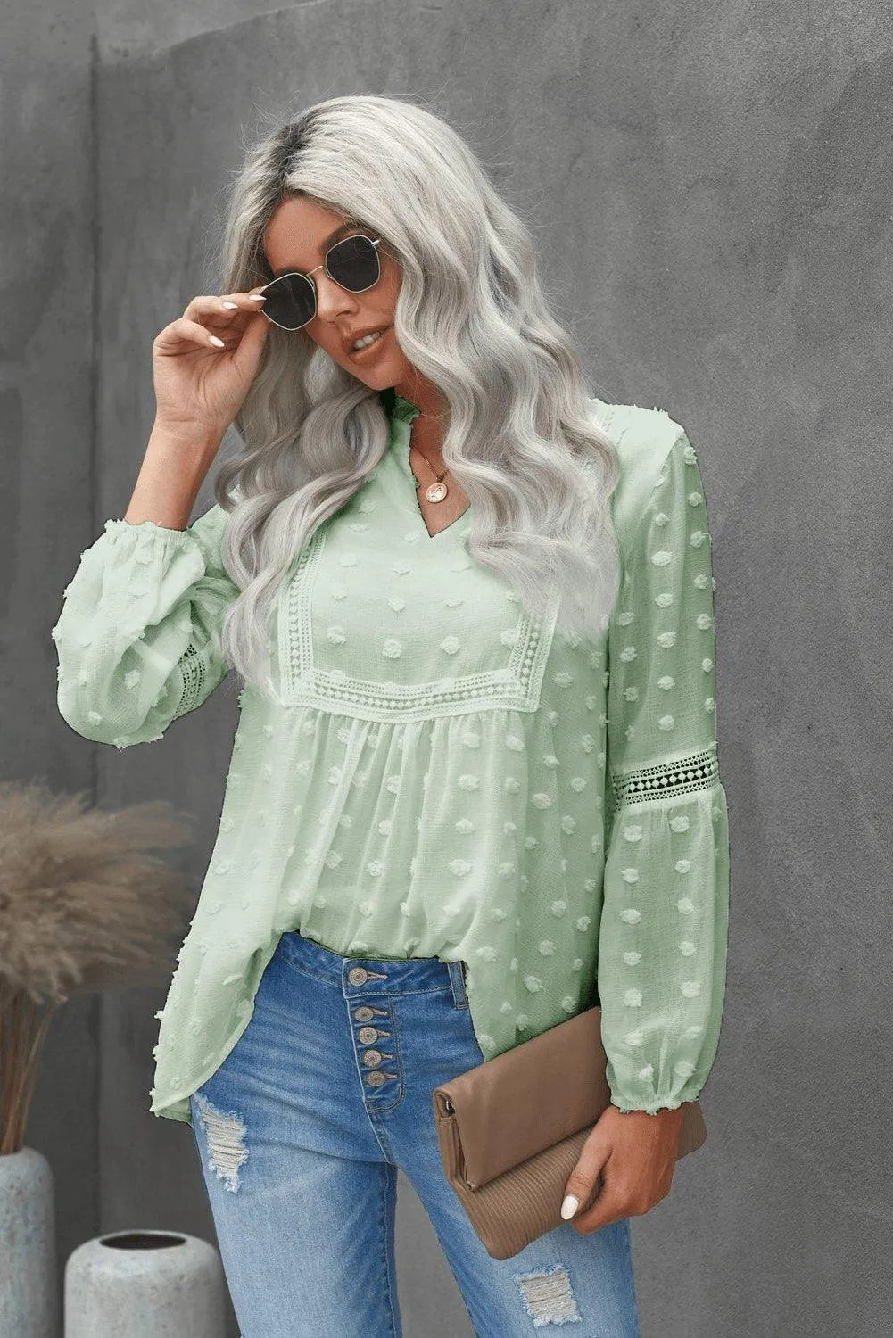 Green Swiss Dot Split Neck Ruffle Babydoll Blouse Jewelry Bubble