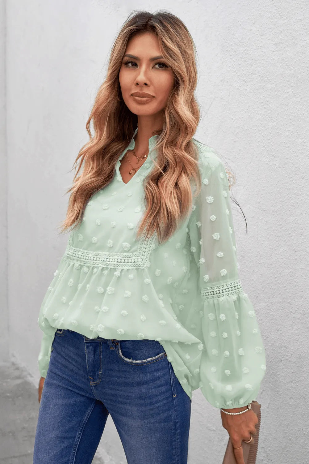 Green Swiss Dot Split Neck Ruffle Babydoll Blouse Jewelry Bubble