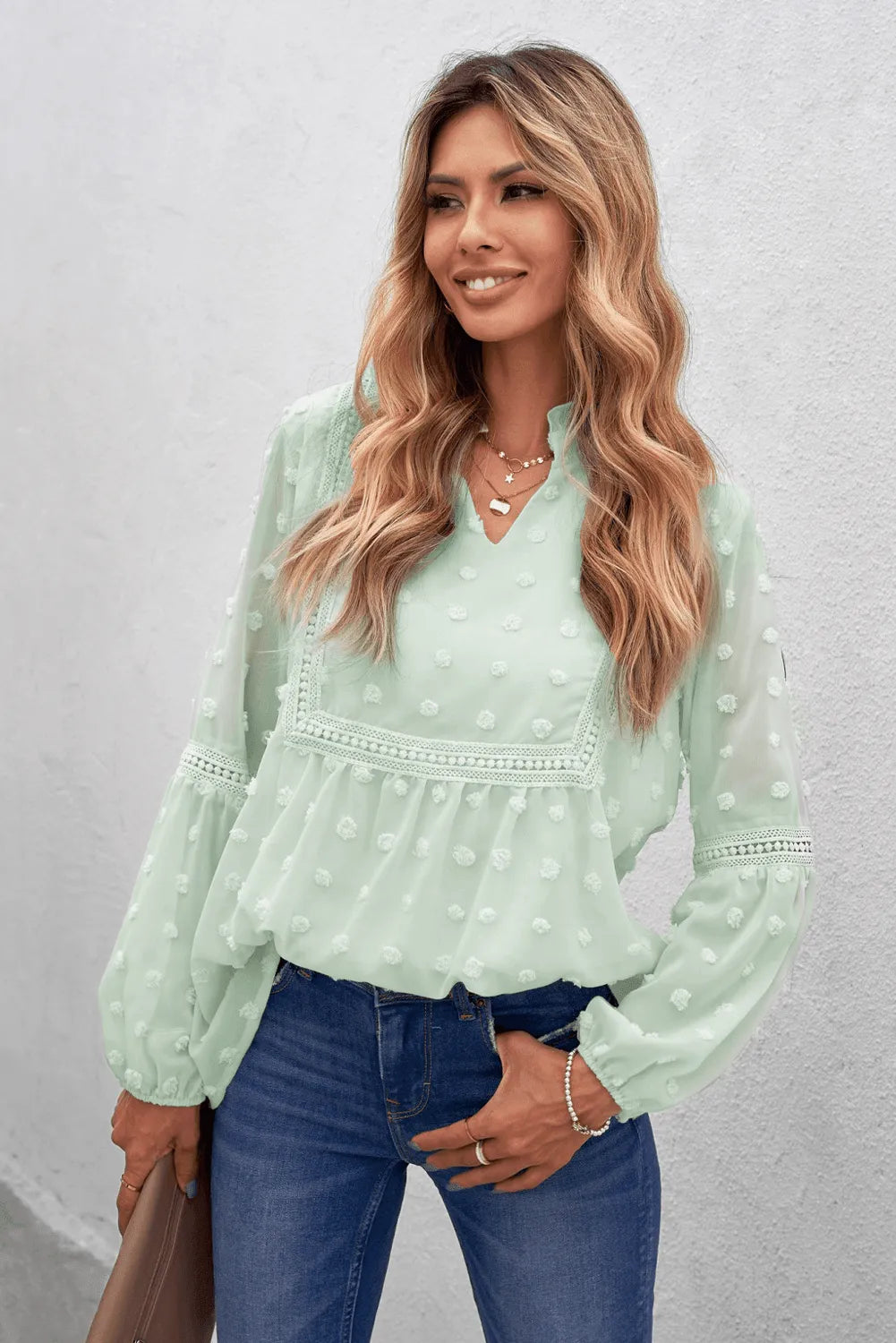 Green Swiss Dot Split Neck Ruffle Babydoll Blouse Jewelry Bubble