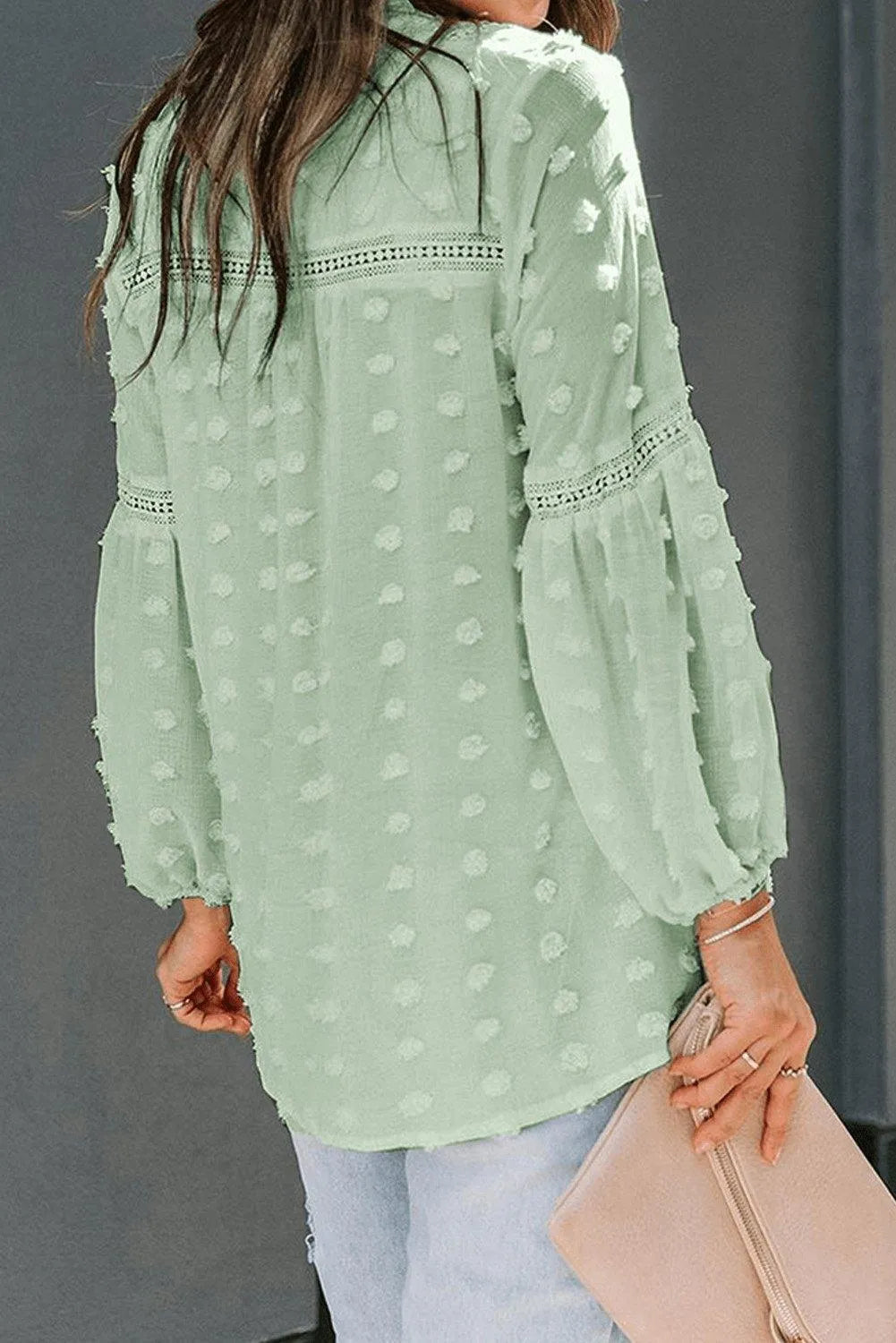 Green Swiss Dot Split Neck Ruffle Babydoll Blouse Jewelry Bubble