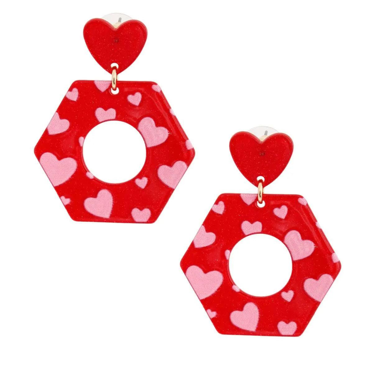 Heart Stud Red Open Hex Dangling Earrings Pinktown