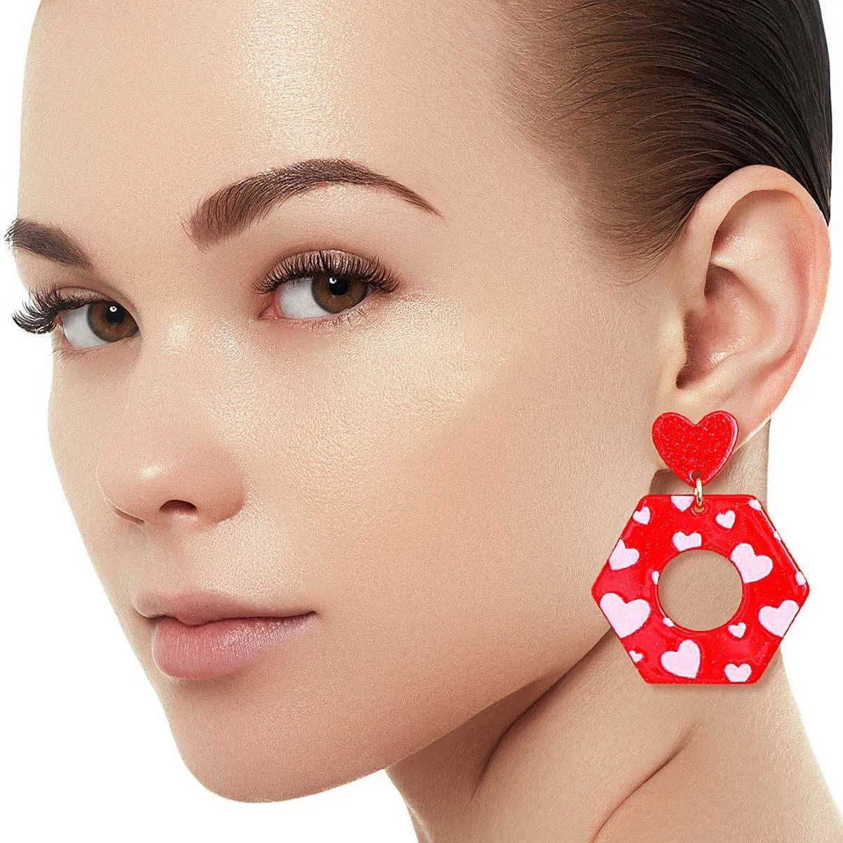 Heart Stud Red Open Hex Dangling Earrings Pinktown