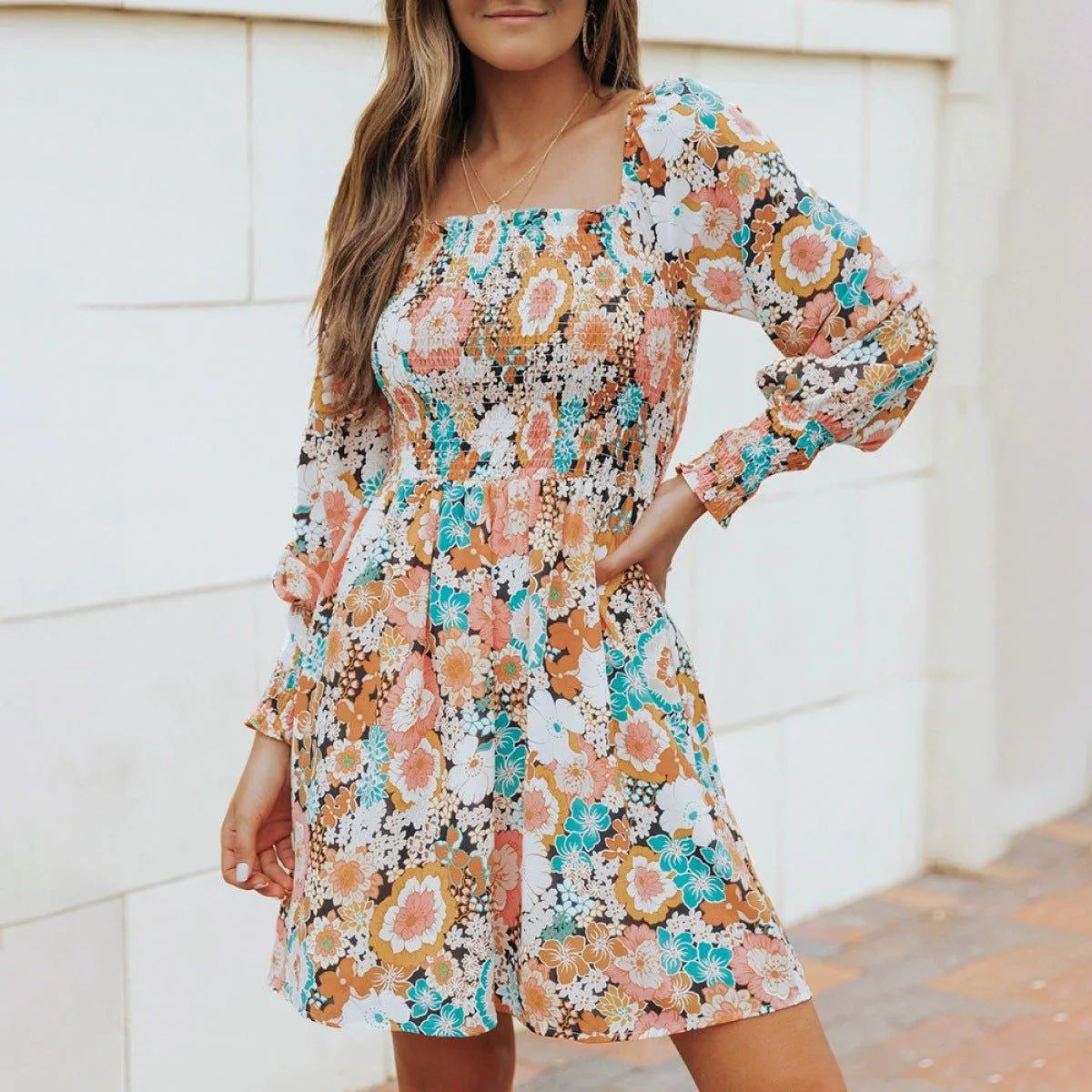 High Waist Backless Square Neck Long-Sleeve Dress Jewelry Bubble