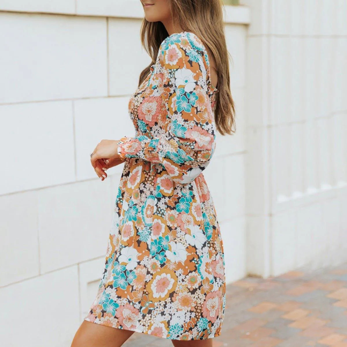 High Waist Backless Square Neck Long-Sleeve Dress Jewelry Bubble