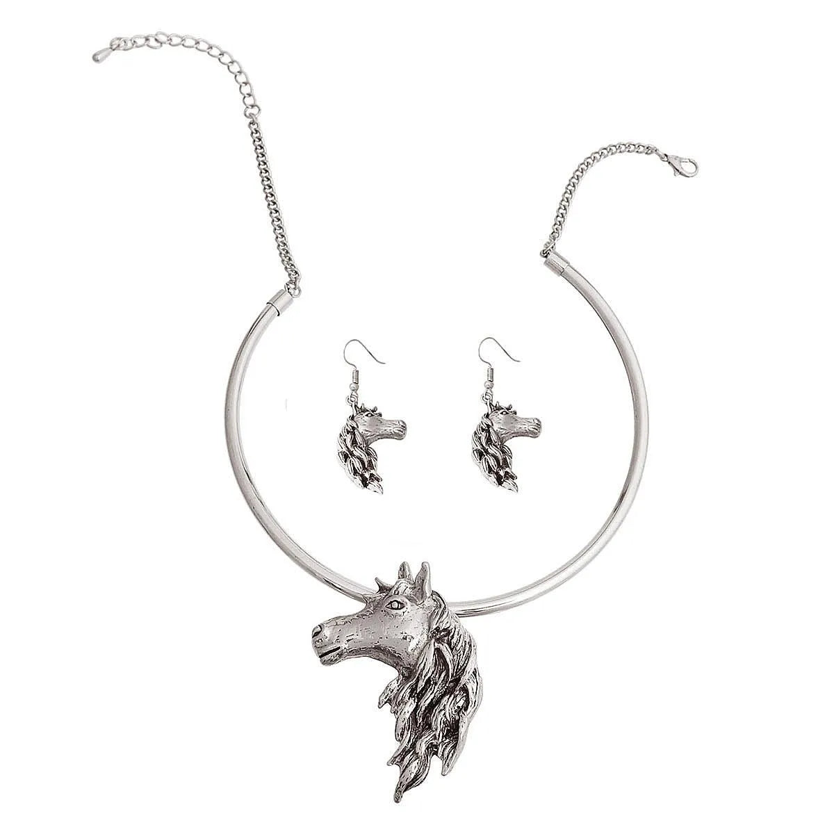Horse Lovers' Dream: Silver Tone Earrings & Rigid Choker Necklace Set Pinktown