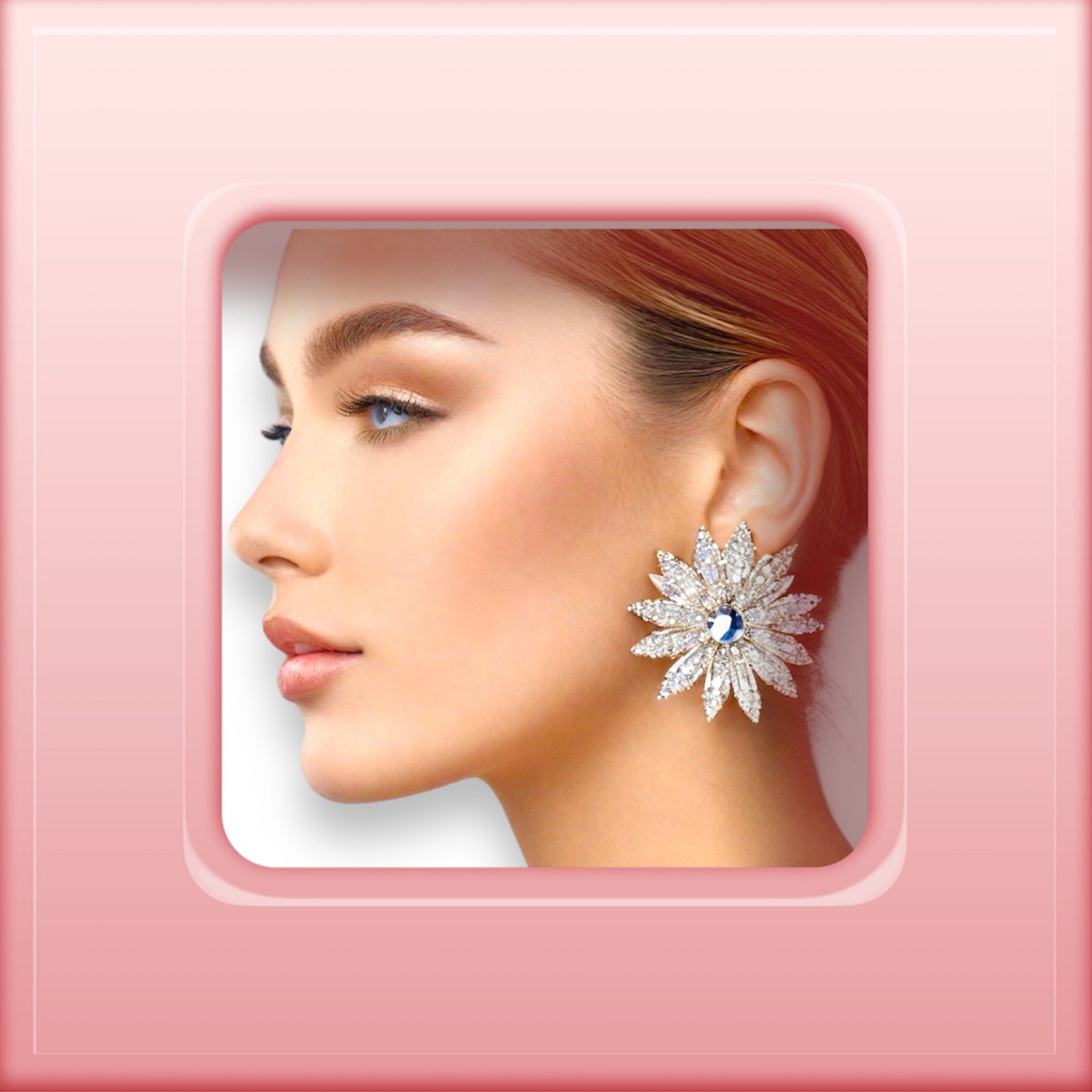Side profile of a women wearing silver star shaped stud earrings in a pink photo frame