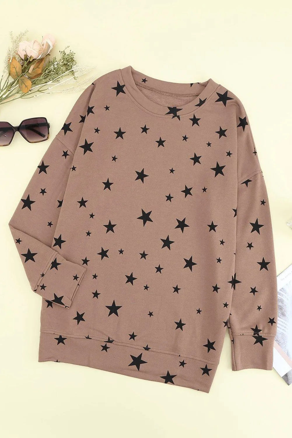 Khaki Round Neck Star Print Long Sleeve Top Jewelry Bubble
