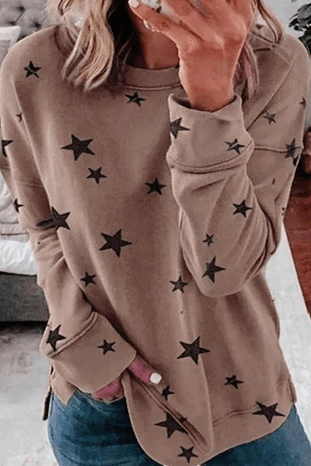Khaki Round Neck Star Print Long Sleeve Top Jewelry Bubble