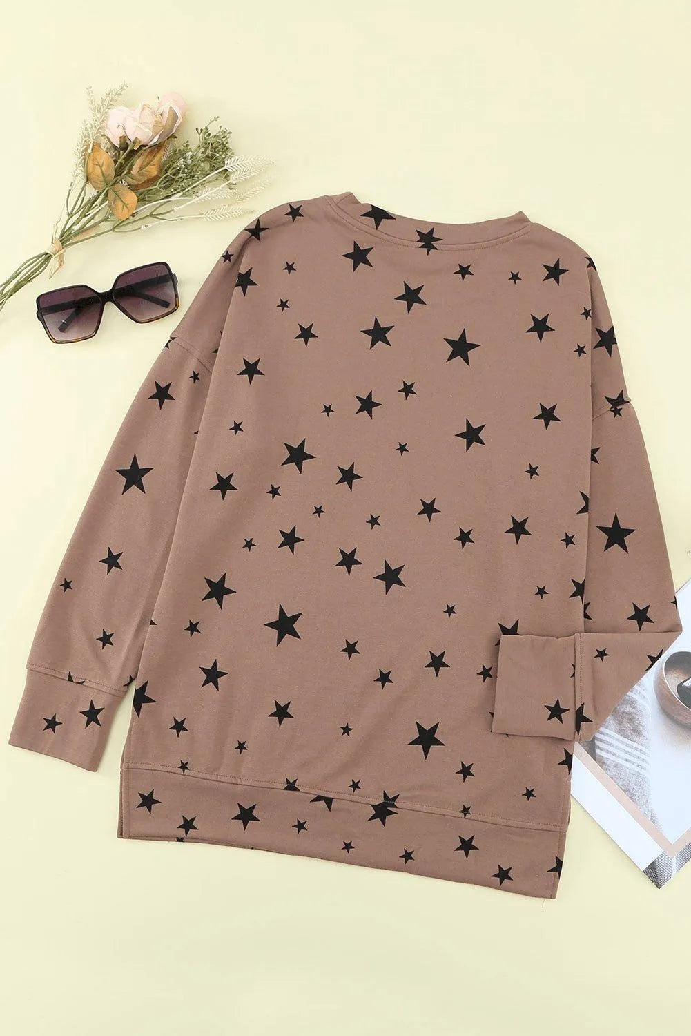 Khaki Round Neck Star Print Long Sleeve Top Jewelry Bubble