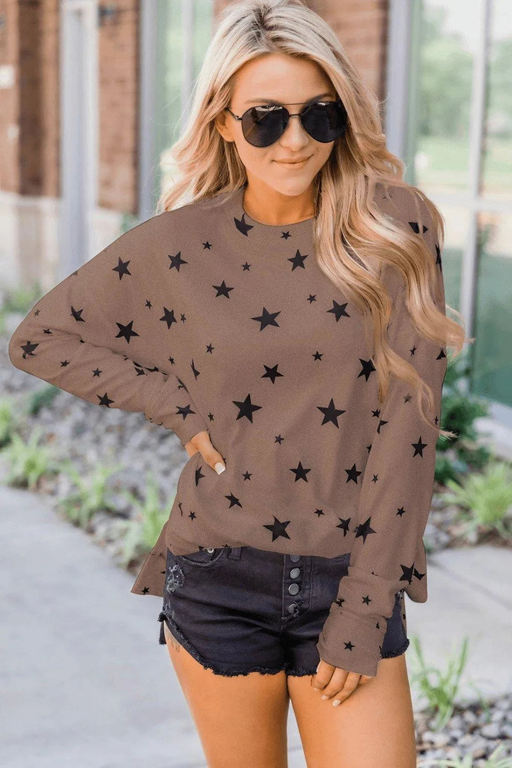 Khaki Round Neck Star Print Long Sleeve Top Jewelry Bubble