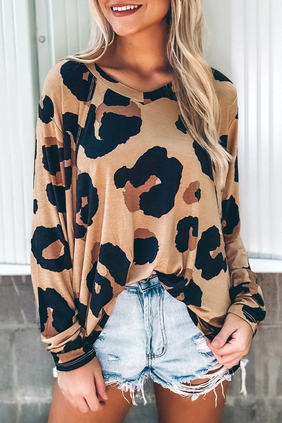 Leopard Print Long Sleeve Loose Top Jewelry Bubble