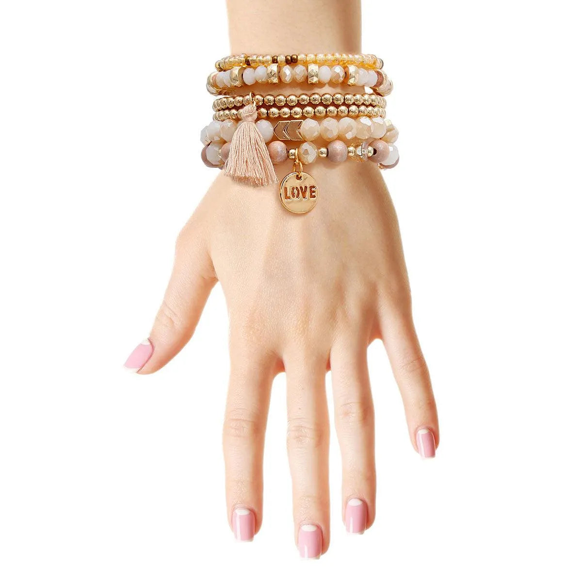 Light Brown Stretch Bracelet Set Tassel Love Charm Pinktown
