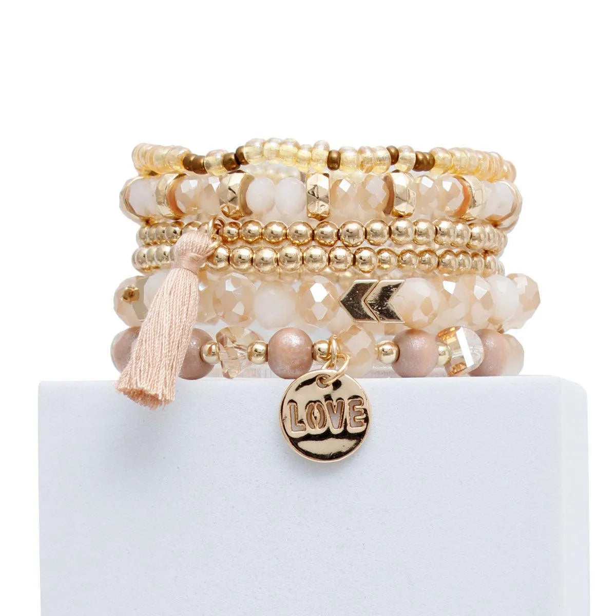 Light Brown Stretch Bracelet Set Tassel Love Charm Pinktown