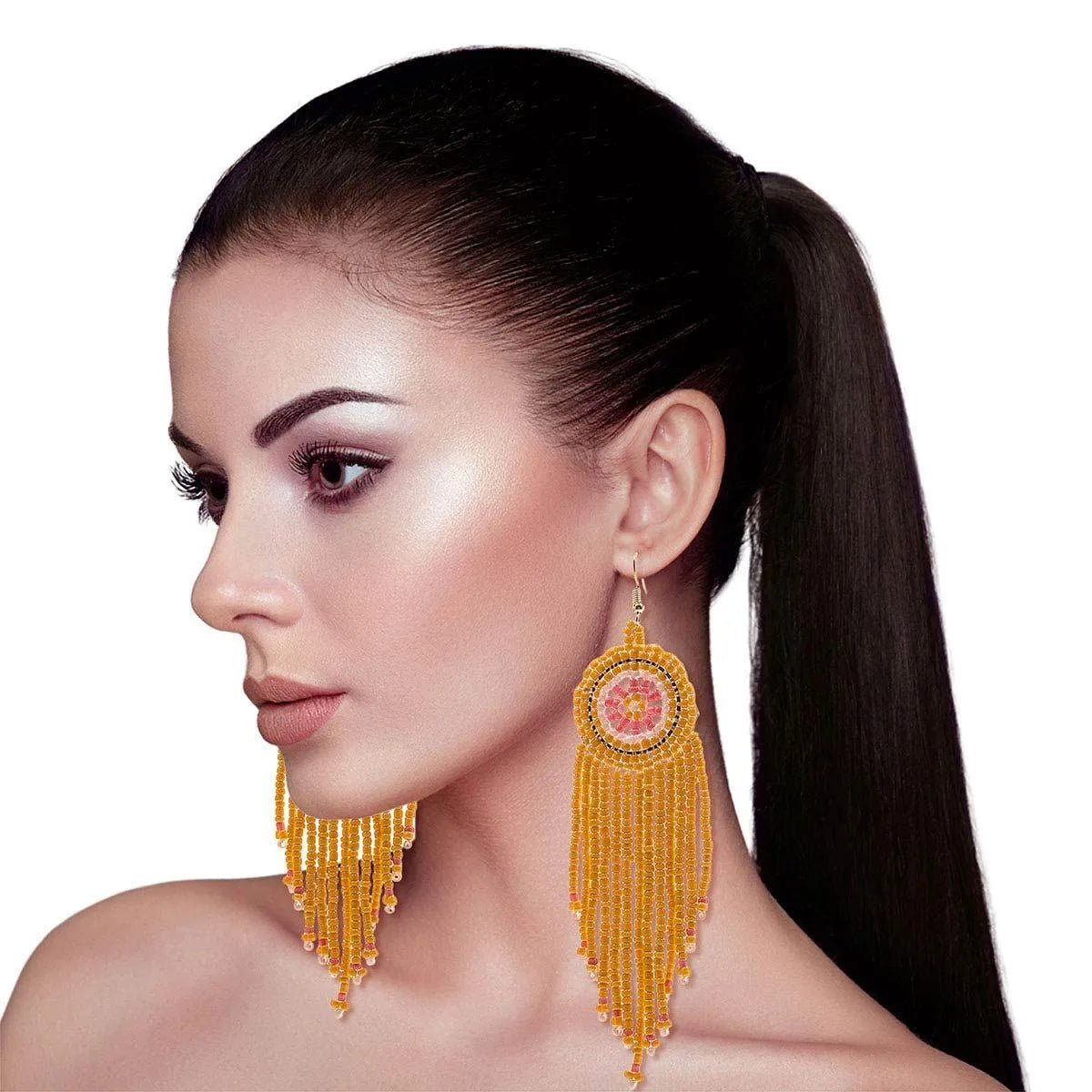 Long Dangle Bead Fringe Earrings Orange Seeds Pinktown