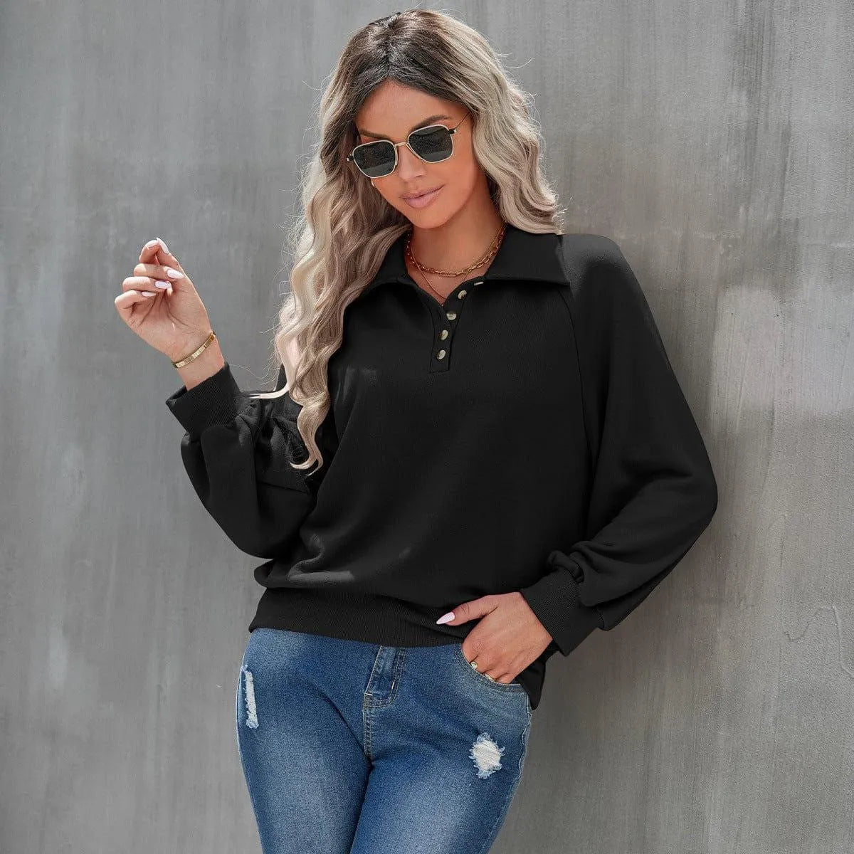 Long Sleeve Buttoned Sweatshirt Jewelry Bubble