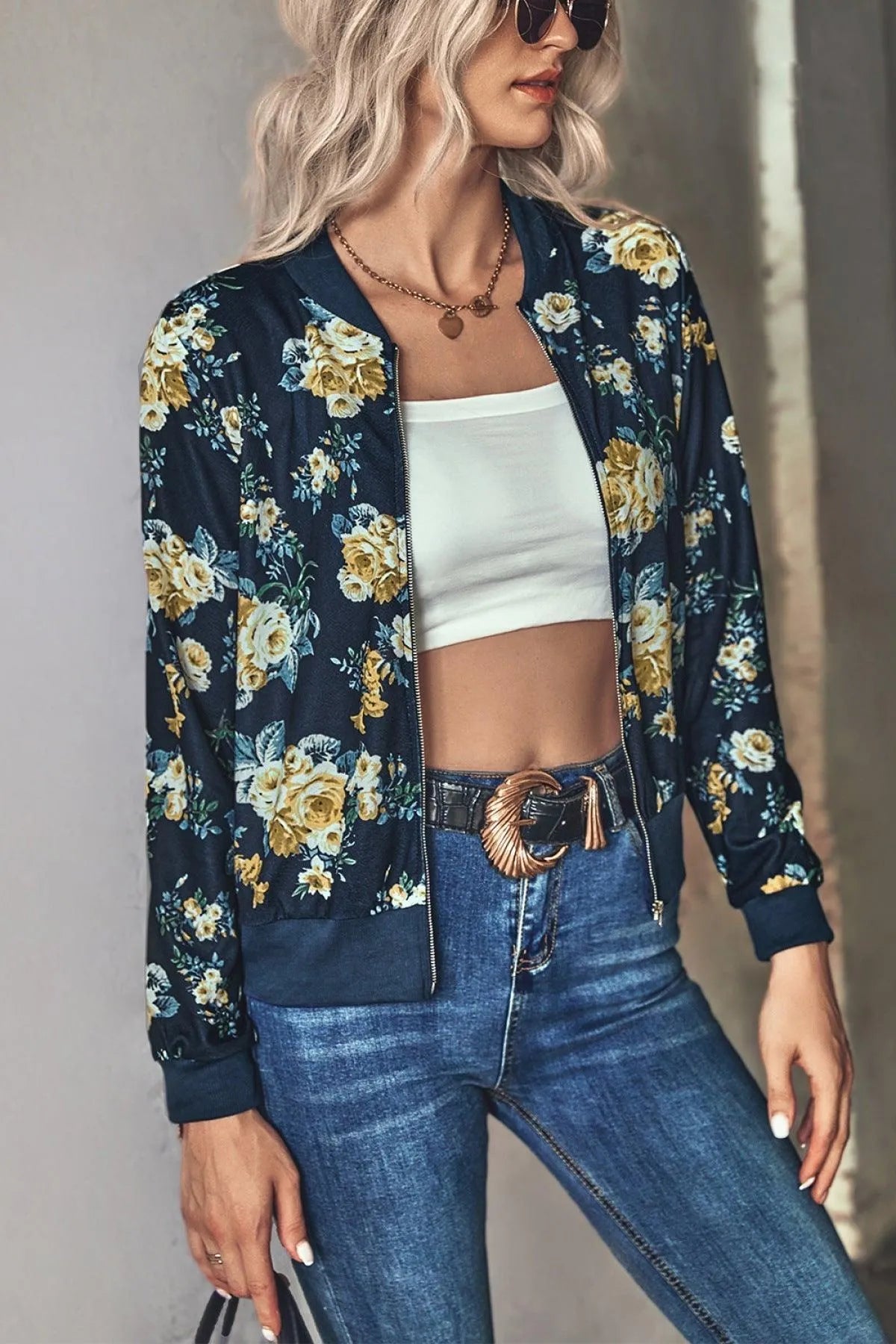 Long-Sleeve Floral Zipper Jacket for Women Jewelry Bubble