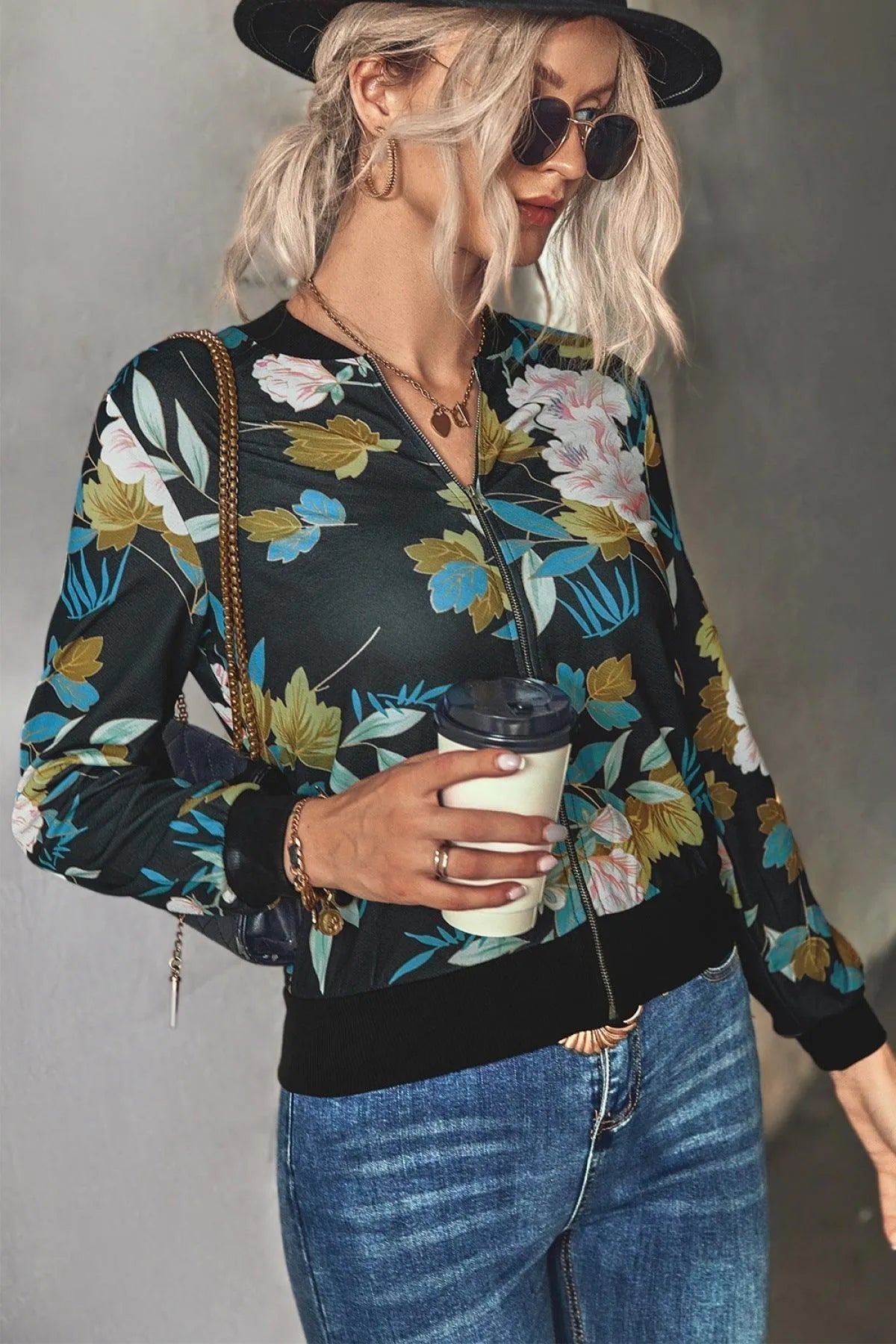 Long-Sleeve Floral Zipper Jacket for Women Jewelry Bubble